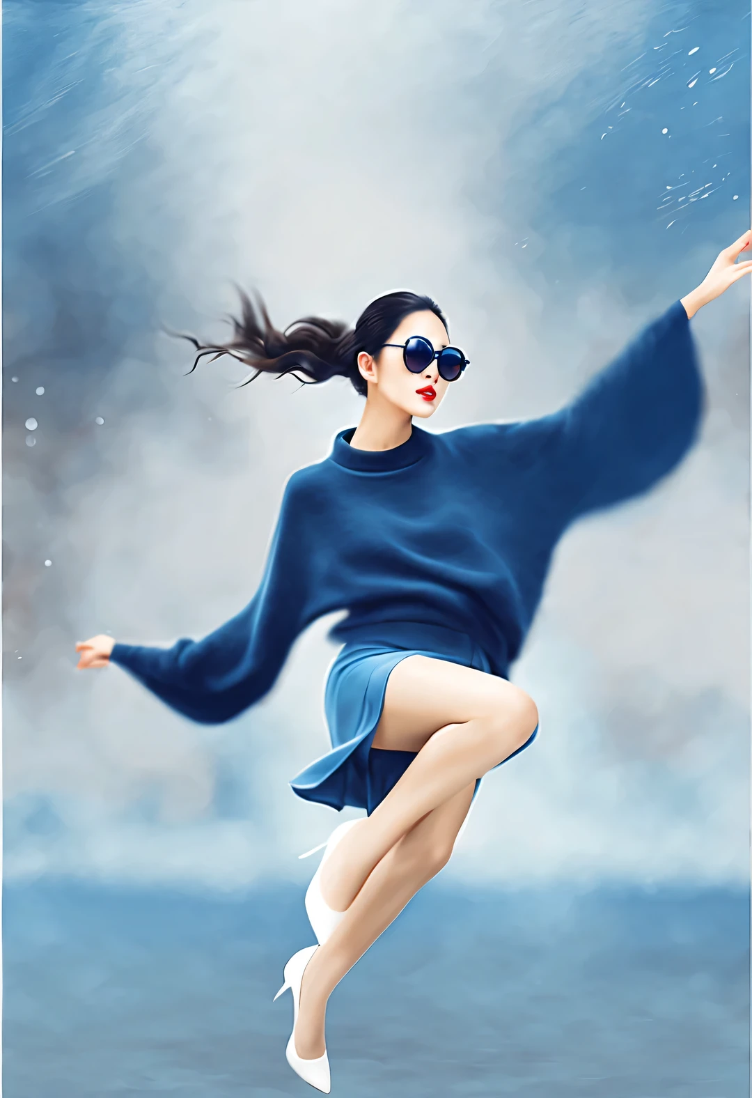 (Modern art dance poster design), (Half-length close-up), (Beautiful Chinese girl dancing in the air), (Wear modern fashionable winter fashion: 0.8), (Wearing large sunglasses: 1.2), Harmonious combination of classic and modern, An elegant combination of dark blue and brown，Highlight the retro charm without losing fashion sense. sweater, jeans, scarf, coat, Girl fair and flawless smooth skin, high nose bridge, and the posture of raising one’s head, sadness and beauty, slender figure, Exquisite facial features, Swirling mist, Noble temperament, illustration, ink painting, black hair, meatball head, messy, Proud, Surrealism, contemporary art photography, action painting illustration, abstract expressionism, Pixar, depth of field, motion blur, backlight, Falling shadows, gradually blurred, Elevation viewing angle, Sony FE General Manager, ultra high definition, masterpiece, Accuracy, textured skin, Super details, high detail, high quality, Award-winning, best quality, Level, 16k, Photographed from a bottom-up perspective,