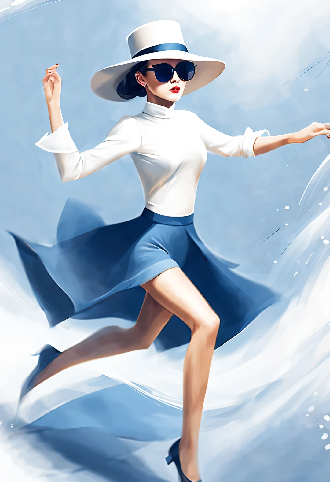 (Modern art dance poster design), (Half-length close-up), (Beautiful Chinese girl dancing in the air), (Wear modern fashionable winter fashion: 0.8), (Wearing big sunglasses and top hat: 1.2), Harmonious combination of classic and modern, An elegant combination of dark blue and brown,Highlight the retro charm without losing fashion sense. sweater, jeans, scarf, coat, Elegance, Girl fair and flawless smooth skin, high nose bridge, Head up posture, sad yet beautiful, slender figure, Exquisite facial features,
swirling fog illustration, ink painting, black hair, a ball head, Proud, Surrealism, contemporary art photography, action painting illustration, abstract expressionism, Pixar, depth of field, motion blur, backlight, Fall out, decline, Elevation viewing angle, Sony FE General Manager, ultra high definition, masterpiece, Accuracy, textured skin, Super details, high detail, high quality, Award-winning, best quality, Level, 16k, Shot from a bottom-up perspective,