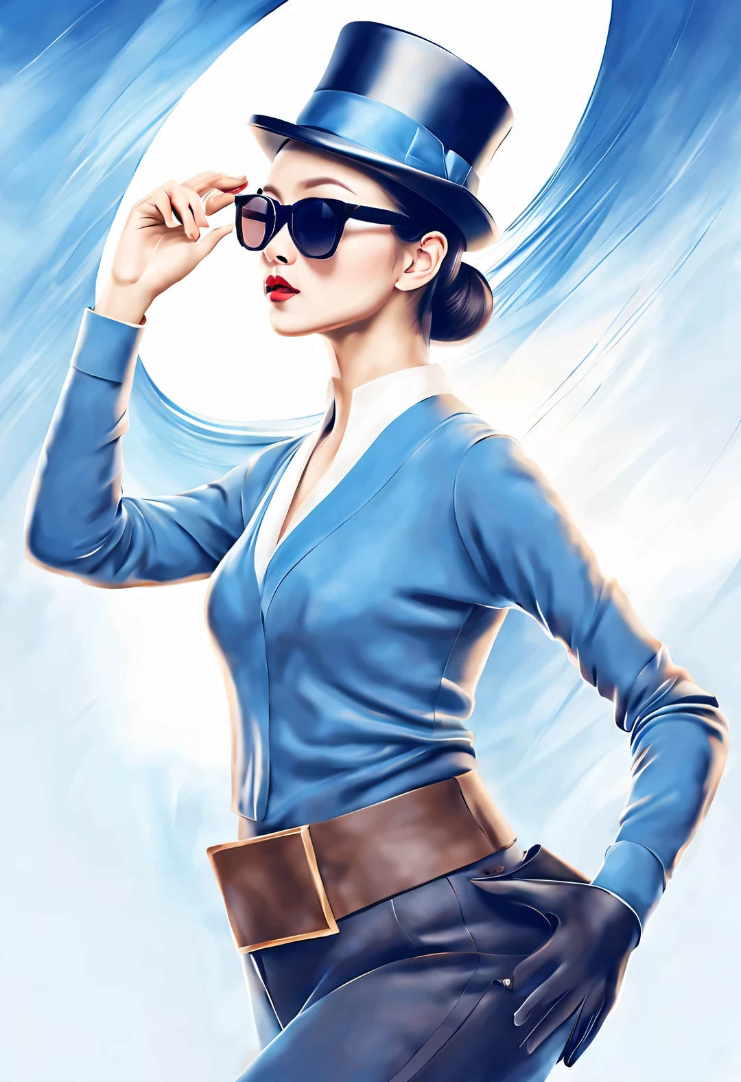 (Modern art dance poster design), (Half-length close-up), (Beautiful Chinese girl dancing in the air), (Wear modern fashionable winter fashion: 0.8), (Wearing big sunglasses and top hat: 1.2), Harmonious combination of classic and modern, An elegant combination of dark blue and brown，Highlight the retro charm without losing fashion sense. sweater, jeans, scarf, coat, Elegance, Girl fair and flawless smooth skin, high nose bridge, Head up posture, sad yet beautiful, slender figure, Exquisite facial features,
swirling fog illustration, ink painting, black hair, a ball head, Proud, Surrealism, contemporary art photography, action painting illustration, abstract expressionism, Pixar, depth of field, motion blur, backlight, Fall out, decline, Elevation viewing angle, Sony FE General Manager, ultra high definition, masterpiece, Accuracy, textured skin, Super details, high detail, high quality, Award-winning, best quality, Level, 16k, Shot from a bottom-up perspective,