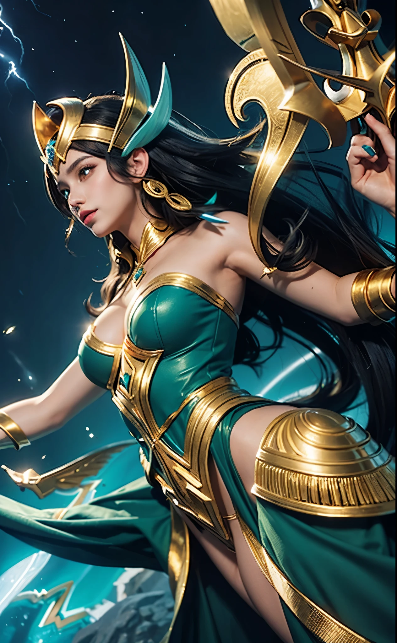 Woman with green dress, woman with very long hair, woman with blue spreading lightning and gold Trident spear, woman with gold Accessories on her head, woman with gold Accessories on her ear, woman with thic tight, woman with pink lipstick, woman with beautiful eyes, woman with beautiful face, blue ocean background, woman with thic armpit
