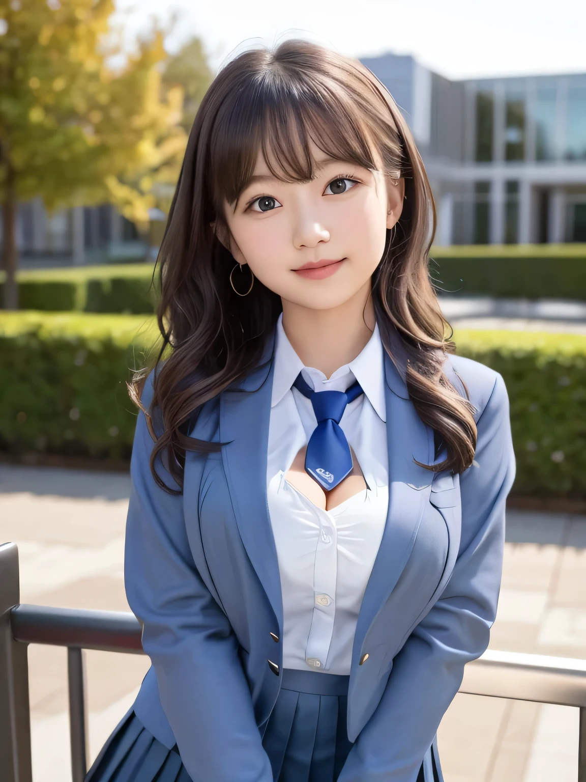 8K, highest quality, real image, intricate details, Super detailed, ultra high resolution, depth field,(realistic,realistic:1.2),table top , frontal shot , From the middle , 1 girl, eye_Chan, very beautiful 17 year old girl, innocent big eyes,、beautiful breasts:1.5、非常に詳細なeye:1.2)、(beautiful breasts:1.1)、wavy hair、curly hair、bangs、, perfect skin, Fair skin, huge breasts, grab your chest with your right hand、cleavage, tight waist, light blush, alone, looking at the viewer, light smile, ((School_uniform),(dark blue blazer), (white shirt、Wearing a tie), (gray pleated skirt), (sculpture installation :1.1)
