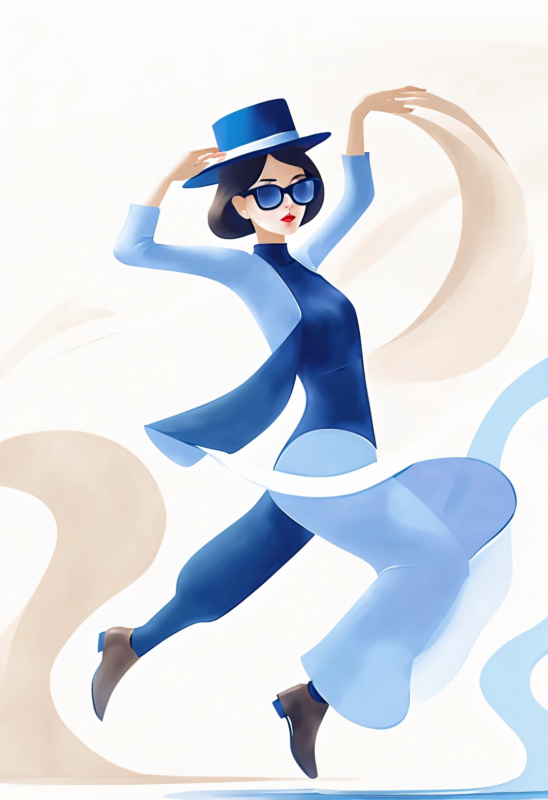 (Modern art dance simple poster design), (Half-length close-up), (Beautiful Chinese girl dancing in the air), (Wear modern fashionable winter fashion: 0.8), (Wearing big sunglasses and top hat: 1.2), Harmonious combination of classic and modern, An elegant combination of dark blue and brown，Highlight the retro charm without losing fashion sense. Sweaters and high-quality jackets, elegant scarf,
Girl fair and flawless smooth skin, high nose bridge, Head up posture, sad yet beautiful, slender figure, Exquisite facial features, swirling fog illustration, ink painting, black hair, meatball head, Proud, Surrealism, contemporary art photography, action painting illustration, visual expressionism, Pixar, depth of field, motion blur, backlight, falling shadow, Gradient glow, Elevation viewing angle, Sony FE General Manager, ultra high definition, masterpiece, Accuracy, textured skin, Super details, high detail, high quality, Award-winning, best quality, Level, 16k, Shot from a bottom-up perspective,