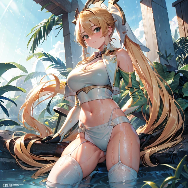(((profesional: Paso a paso, taking into account even the smallest detail, Resultado final Nivel Dios, cuerpo entero con detalles intrincados, solo 1 chica, imagen: todos los detalles intrincados, obra maestra))): "Calidad 3, Wet anime, hiper detalles, Wet anime 17-years-old white woman with random colored hair Wet hair tied back with a red ribbon Her eyes are the same color as her wet hair, delgado, ropa crop top blanco yminifalda vaquera, A jungle background under a constant torrential rain that soaked them, Wet Back Posture, mostrando su hermoso cuerpo 92 59 90, Cara coqueta, pedestal invisible,, film grain, colores fuji, contraste de luces y sombras, piel texturizada, dynamic pose, realismo, luz de sol, Alto contraste, pose muy sexy"