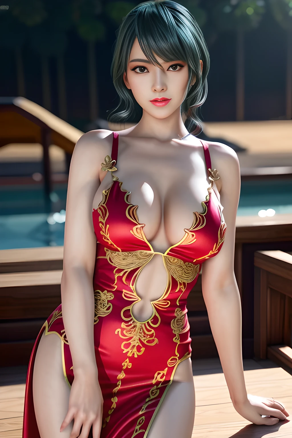 1 girl,Tamaki,Relax,(Wearing Chinese clothing),(((in dubai))),jewelry,Lips slightly open, lustful smile, red lips,huge breasts,Charming cleavage,((8k, original photo, top quality, masterpiece), HD RAW color photos professional close-up photos), (actual, photorealism: 1.37), (best quality), (best shade), ((erotic, Sexy), ultra high resolution, HD CG unified 8K wallpaper, Physically based rendering, movie lighting),