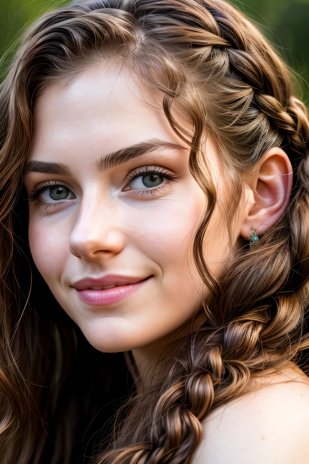 ((julie zenatti)), portrait photography, ((20yr old female)), highest quality, portrait, movie, professional photos, (rich colors),  (Natural light), surreal, realistic texture, Super detailed、masterpiece、highest quality、ultra high resolution, smile、sexy, Curly hair in braids、((close up of face))