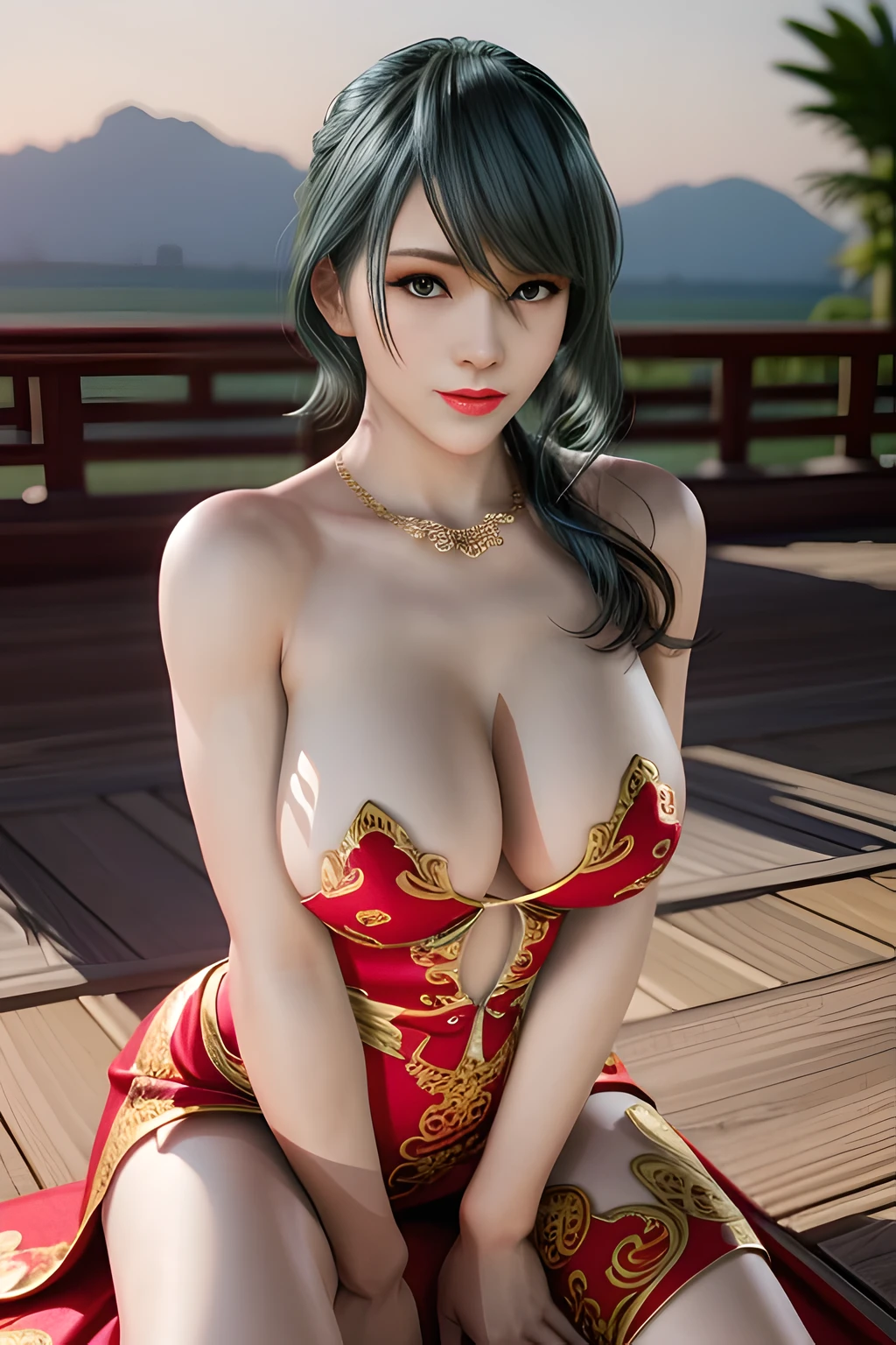 1 girl,Tamaki,Relax,(Wearing Chinese clothing),(((in dubai))),jewelry,Lips slightly open, lustful smile, red lips,huge breasts,Charming cleavage,((8k, original photo, top quality, masterpiece), HD RAW color photos professional close-up photos), (actual, photorealism: 1.37), (best quality), (best shade), ((erotic, Sexy), ultra high resolution, HD CG unified 8K wallpaper, Physically based rendering, movie lighting),