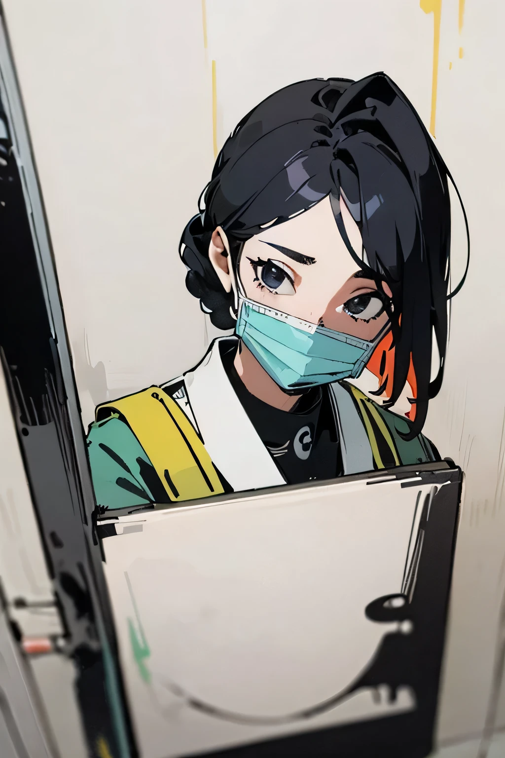 Color block painting,high detail,best quality,Better face,girl,concierge,Face mask,Mop