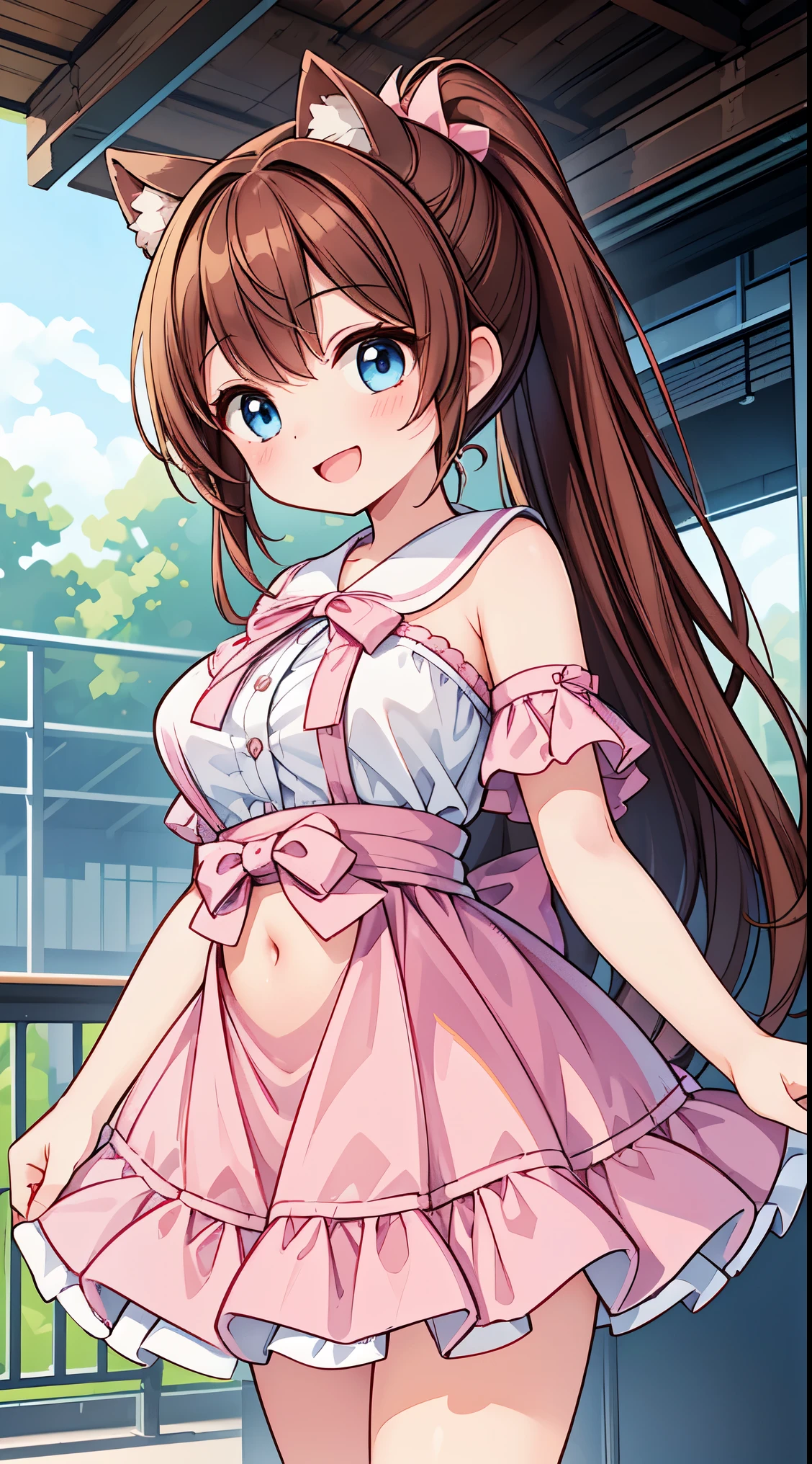 masterpiece, (best quality), 8k uhd, girl, mamako_oosuki, brown hair, long hair, (hair down), purple eyes, mature female, white shirt, pants, sweater, big breasts, ribbon, sexy woman, smile, (suspender naked apron), embarrassed, blush,  bare shoulders, vibrant colors , natural lighting, beautiful, (detailed face:1.2), showcase, (perfect eyes:1.1) ,(photorealistic:1.1),  looking at viewer, outdoors