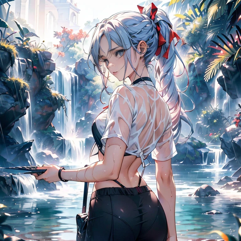 (((profesional: Paso a paso, taking into account even the smallest detail, Resultado final Nivel Dios, cuerpo entero con detalles intrincados, solo 1 chica, imagen: todos los detalles intrincados, obra maestra))): "Calidad 3, Wet anime, hiper detalles, Wet anime 17-years-old white woman with random colored hair Wet hair tied back with a red ribbon Her eyes are the same color as her wet hair, delgado, ropa crop top blanco yminifalda vaquera, A jungle background under a constant torrential rain that soaked them, Wet Back Posture, mostrando su hermoso cuerpo 92 59 90, Cara coqueta, pedestal invisible,, film grain, colores fuji, contraste de luces y sombras, piel texturizada, dynamic pose, realismo, luz de sol, Alto contraste, pose muy sexy"