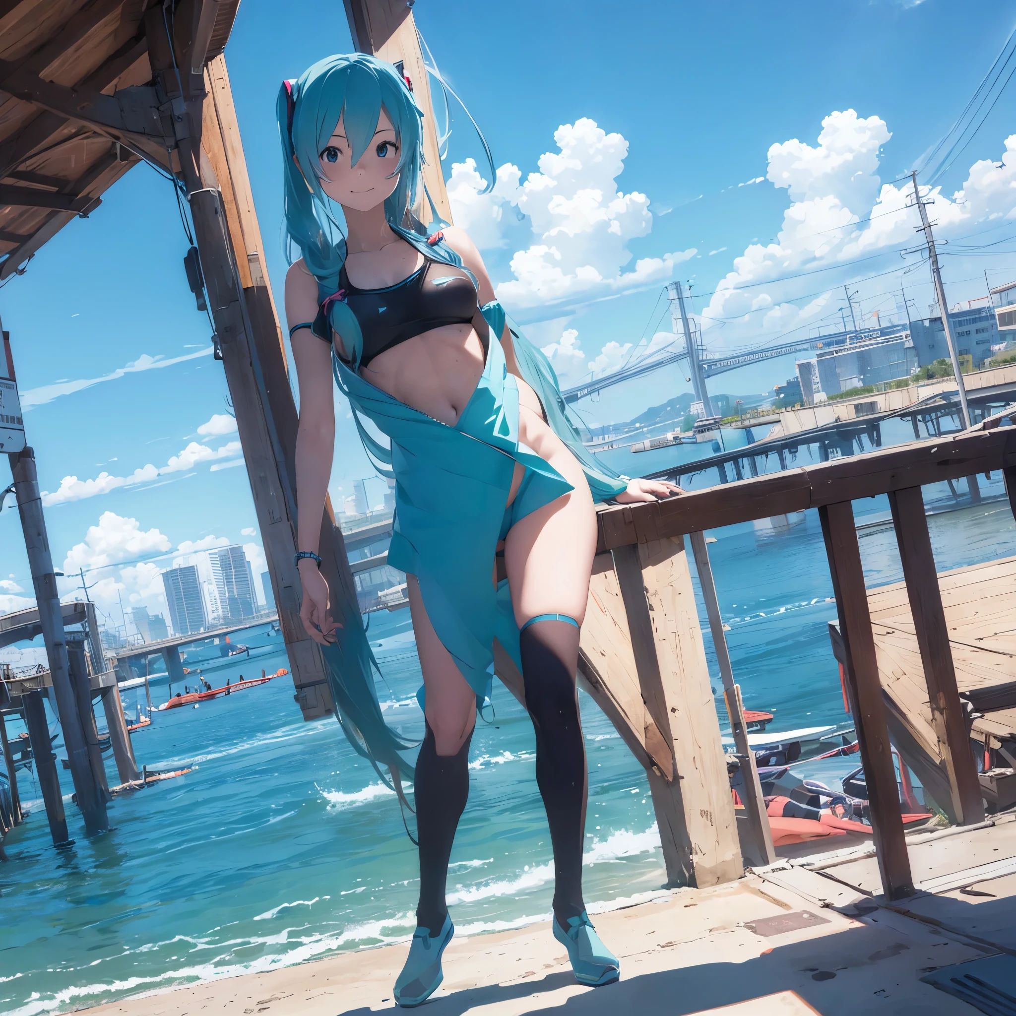 (dynamic angle:1.4), (full body pose:1.5),Hatsune Miku,goddess scanty,beautiful breasts,A sly smile
