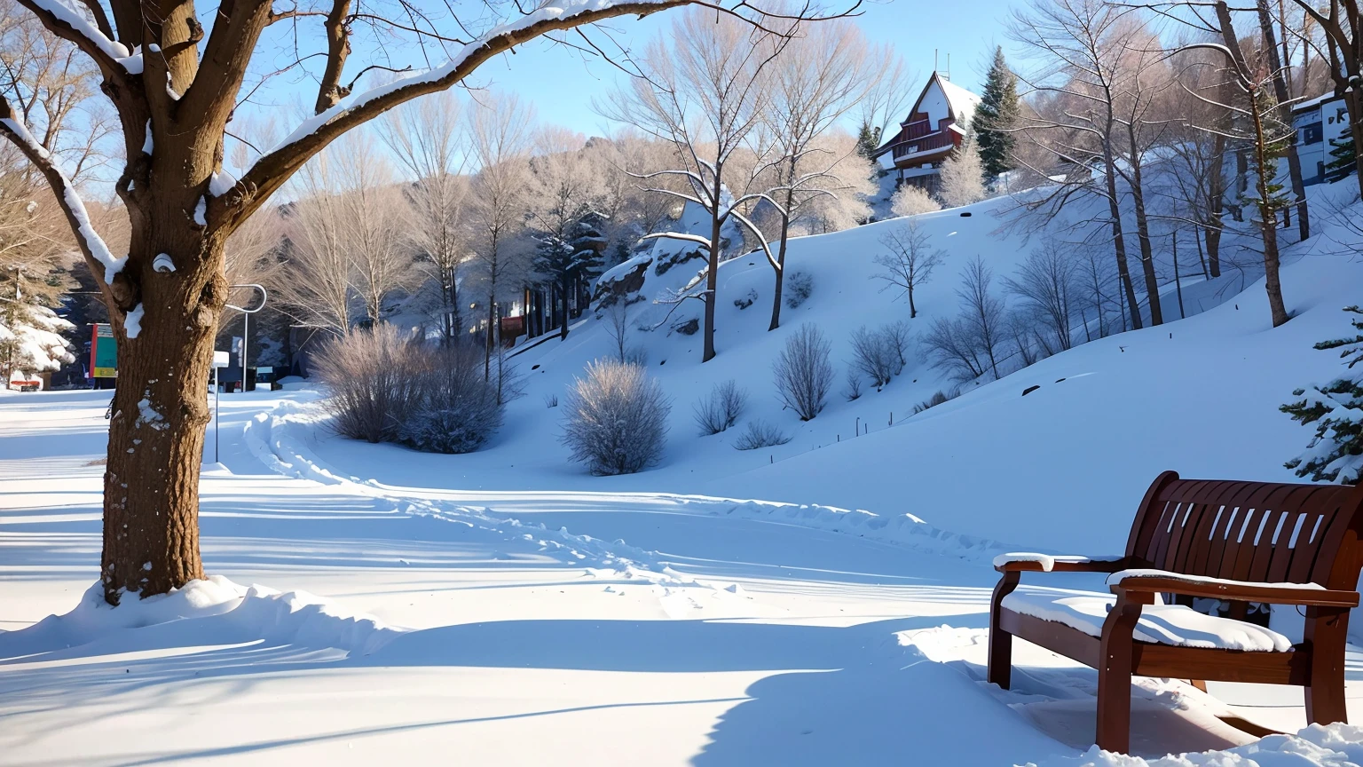 (best quality,4k,8k,highres,masterpiece:1.2),ultra-detailed,(realistic,photorealistic,photo-realistic:1.37),snowy mountain park city,sparkling white snow,captivating snow-capped mountains in the background,serene winter atmosphere,picturesque landscape,crystal-clear frozen lake,glistening icicles hanging from the trees,playful snowflakes falling gently,majestic park architecture with intricate details,delicate footprints leading to a cozy chalet,warm golden streetlights illuminating the snowy streets,happy families building a snowman together in the park,children sledding down the hill with joyful laughter,peaceful park benches covered in a thin layer of snow,romantic couples strolling hand in hand,admiring the breathtaking view,clear blue sky contrasting against the white snow,soft pastel colors adding a touch of warmth and tranquility,soft sunlight casting long shadows on the ground,creating a dream-like atmosphere,artistic brush strokes capturing the essence of the scene,creating a sense of wonder and awe,scenic trails winding through the park,taking visitors on a magical journey,cozy coffee shops with warm fireplaces,inviting visitors to relax and enjoy the wintry ambiance.