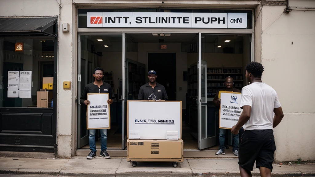 a placard of 3 Black men running a printer shop, with photo cameras, NTS logo