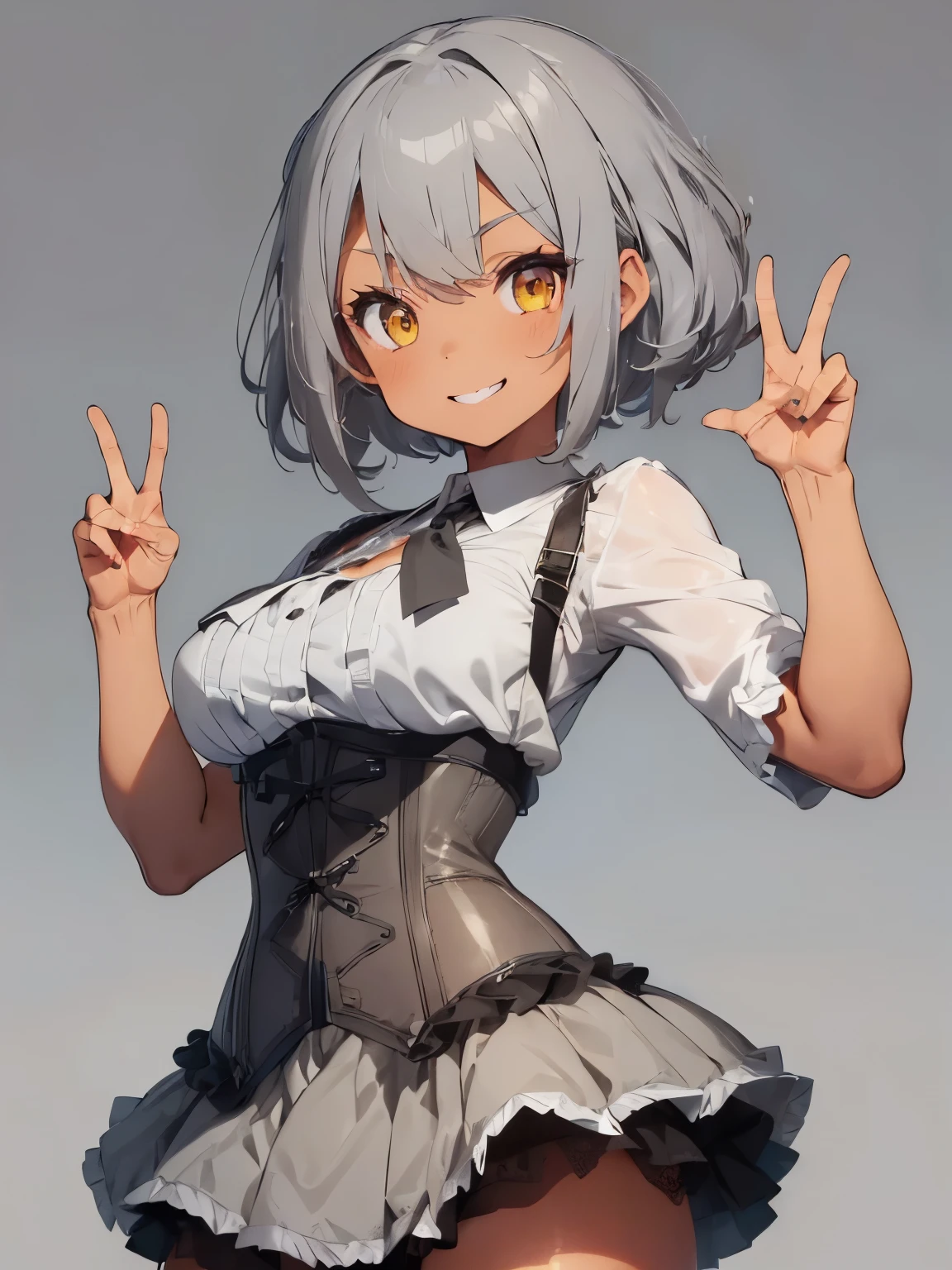 ((((tanned skin)))), ((((grey color hair))), short hair with tousled ends, messy bangs that show forehead. Large, beautiful yellow eyes. corset top, Tulle skirt. peace sign. Smile.