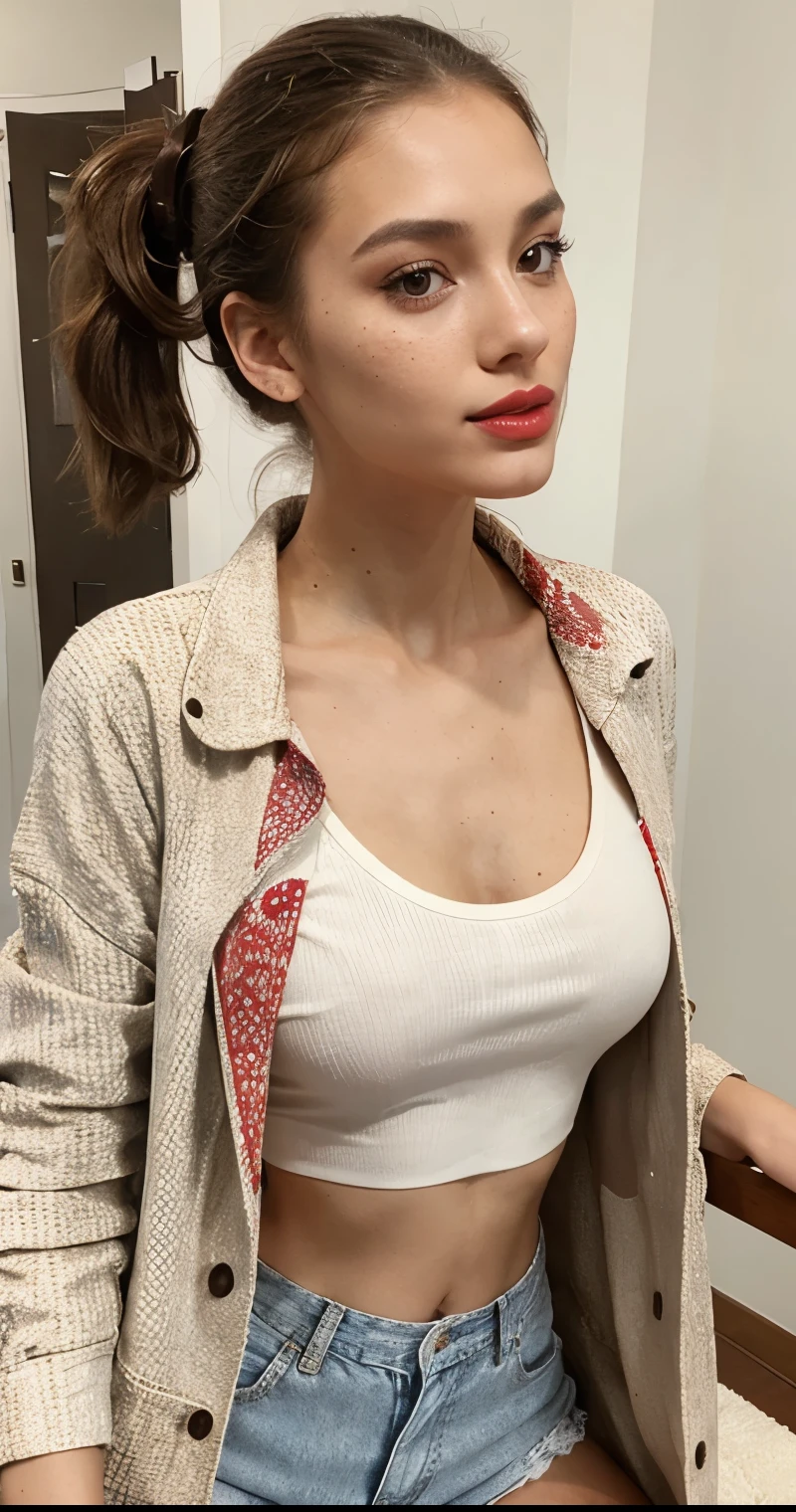 Beautiful skinny girl, elongated face and thin chin, freckles, brown ponytail hair, brown eyes, red lipstick, beautiful makeup, white skin, with patterned top , shorts, a beautiful jean coat , sexy style