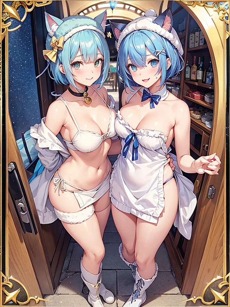 rem,re zero, Blue hair, Short bob hair, large , navel, virgin_killer_sweater, ((cowboy shot)),
masterpiece, best quality, ultra-detailed,
(Create a card with a frame) (Familiar faces) Soul card, cat girl wearing a white cat hat, progenitor, symbolic, enchanting, bright, graceful, energetic, small b dress, hair bell, short Hair, animal ears, cat boots, glitter, peeking at me from the shop door (cat ear hat: 1.5), smile, epic, celestia, fantasy world, cute world.