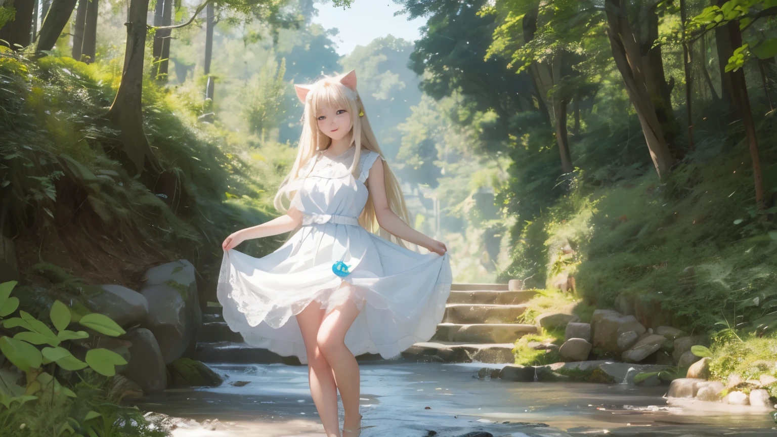 full body, laugh together, bright look、photorealism、highest quality、ultra high resolution、photograph、絶妙に美しい北欧生まれの女の子のphotograph、extraordinary beautiful girl、Detailed cute and beautiful face、(Pure Eros Face_v1:0.008)、beautiful bangs、alice in wonderland、18-year-old、glowing white shiny skin、Flow of hair that extends to the face、bangs between the eyes、super long hair、Attractive light and dark platinum blonde super long straight silky hair、thin hair、Charming shining beautiful bright clear light blue big eyes、white apron、yellow dress、eyeliner、double eyelids、rich bust、two girls、cat ears、great laugh togetherter、short skirt、White lace underskirt、pink panties、