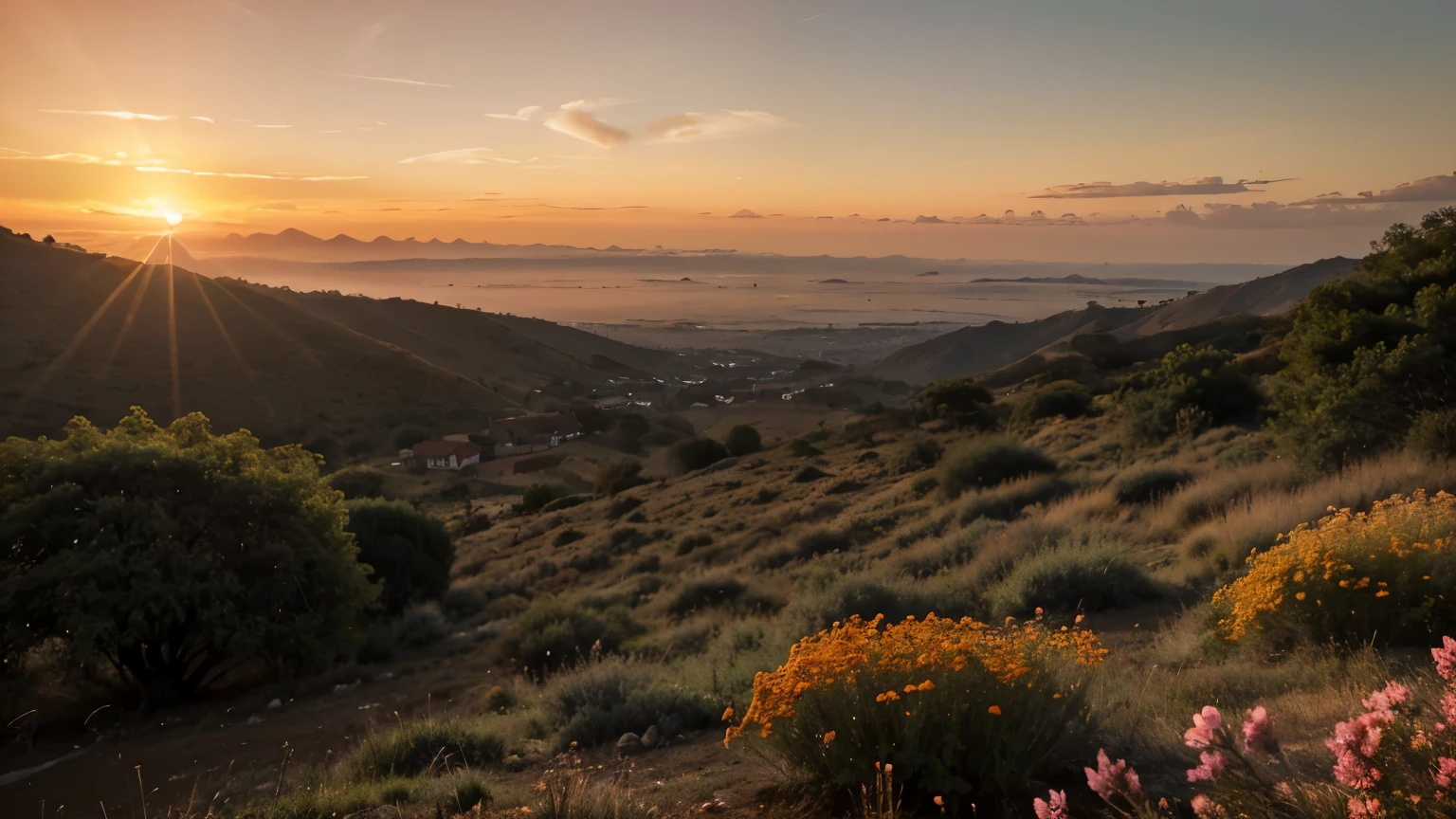 The dawn breaks the sky in shades of orange and pink, pintando nuvens suaves enquanto o sol desperta lentamente. A luz dourada acaricia a paisagem, revelando delicadamente cada detalhe da natureza que desperta para um novo dia radiante.