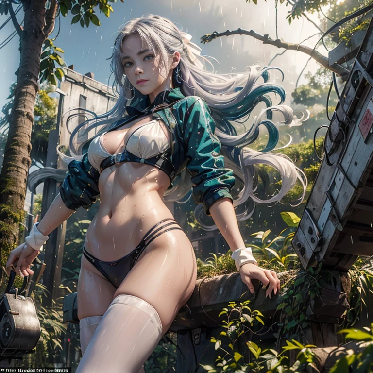 (((profesional: Paso a paso, taking into account even the smallest detail, Resultado final Nivel Dios, cuerpo entero con detalles intrincados, solo 1 chica, imagen: todos los detalles intrincados, obra maestra))): "Calidad 3, Wet anime, hiper detalles, Wet anime 17-years-old white woman with random colored hair Wet hair tied back with a red ribbon Her eyes are the same color as her wet hair, delgado, ropa crop top blanco yminifalda vaquera, A jungle background under a constant torrential rain that soaked them, Wet Back Posture, mostrando su hermoso cuerpo 92 59 90, Cara coqueta, pedestal invisible,, film grain, colores fuji, contraste de luces y sombras, piel texturizada, dynamic pose, realismo, luz de sol, Alto contraste, pose muy sexy"