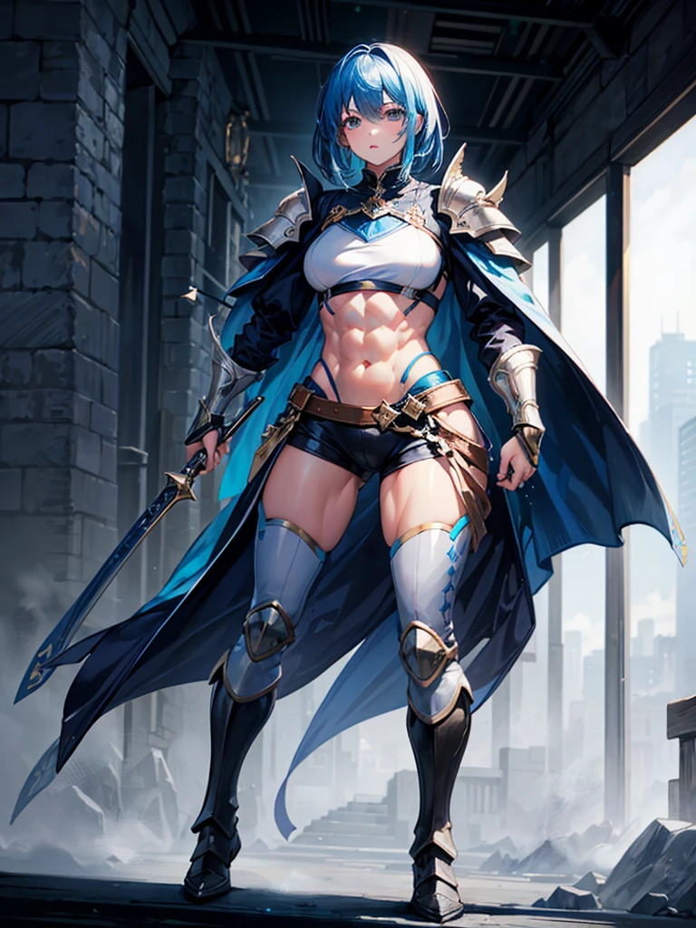 (((masterpiece、Highest image quality、highest quality、highly detailed unity 8kwallpaper)))、((Illustration of one girl))、(((beautiful girl)))、blue hair、stocky build, thickset physique:1.3, muscular legs, broad shoulders, solid chest、(adventurer)、white armor、Medieval city