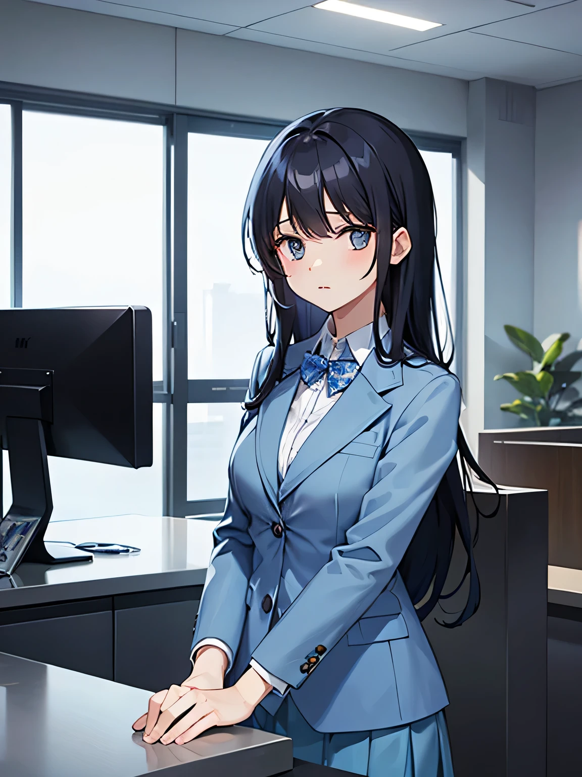 (1) A woman is waiting at the company's reception counter..
(2) The woman is wearing a light blue blazer and a light blue skirt. (Blazer buttons must be closed.)
(3) she has long black hair.
(4) her expression is cold and cold.
(5) The location is the company's reception counter..