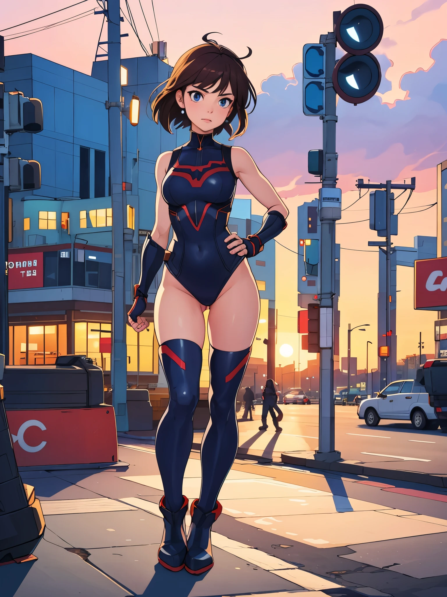 1girl, superhero, leotard, bare legs, boots, standing, solo focus, tight belt, hands on hip, full body shot, mature lady, city backdrop, sleeveless, ultra highres, absurdres, beautiful face, detailed eyes, symmetric eyes