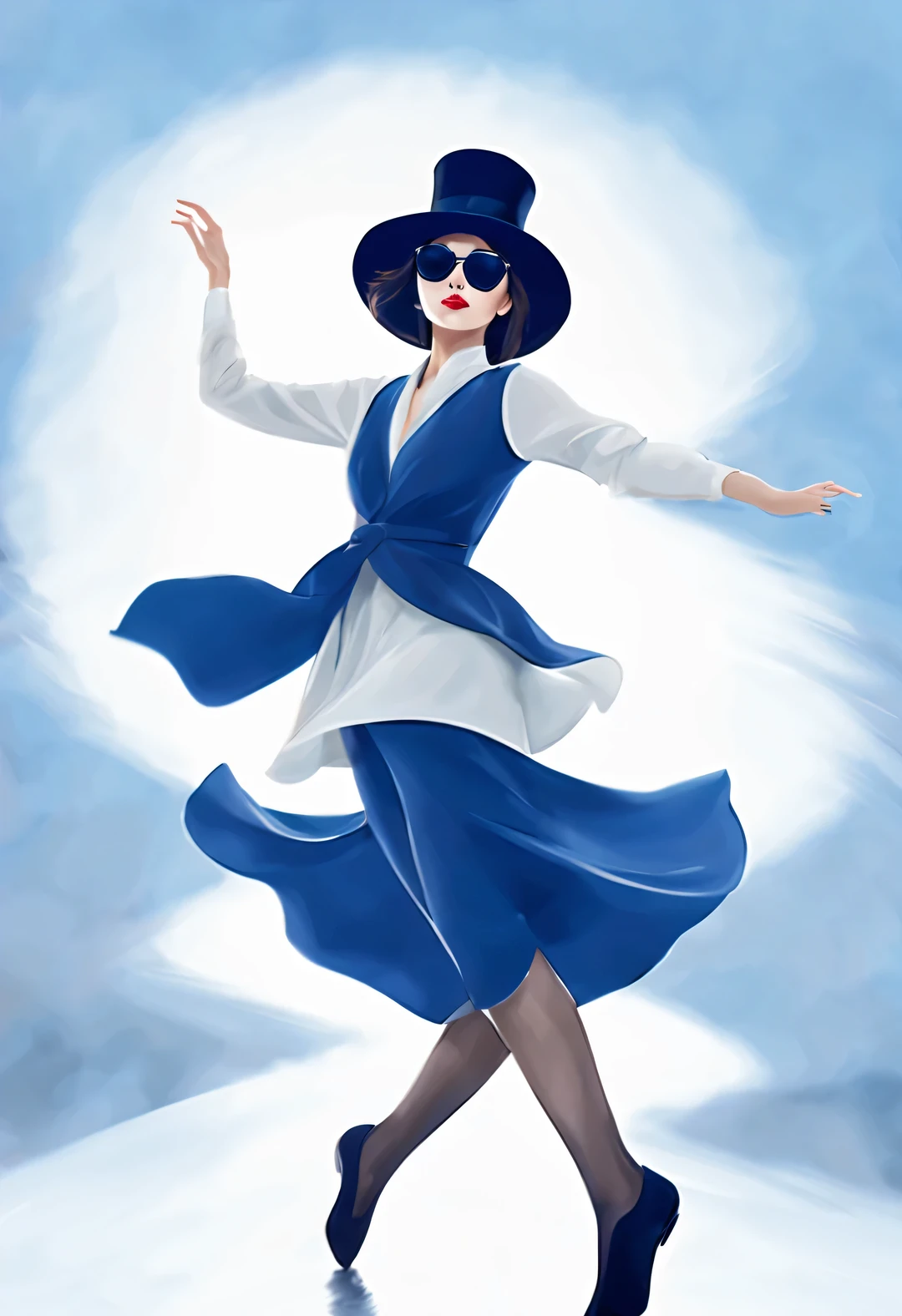 (Modern art dance simple poster design), (Half-length close-up), (Beautiful Chinese girl dancing in the air), (Wear modern fashionable winter fashion: 0.8), (Wearing big sunglasses and top hat: 1.2), Harmonious combination of classic and modern, An elegant combination of dark blue and brown，Highlight the retro charm without losing fashion sense. Sweaters and high-quality jackets, elegant scarf,
Girl fair and flawless smooth skin, high nose bridge, Head up posture, sad yet beautiful, slender figure, Exquisite facial features, swirling fog illustration, ink painting, black hair, meatball head, Proud, Surrealism, contemporary art photography, action painting illustration, visual expressionism, Pixar, depth of field, motion blur, backlight, falling shadow, Gradient glow, Elevation viewing angle, Sony FE General Manager, ultra high definition, masterpiece, Accuracy, textured skin, Super details, high detail, high quality, Award-winning, best quality, Level, 16k, Shot from a bottom-up perspective,