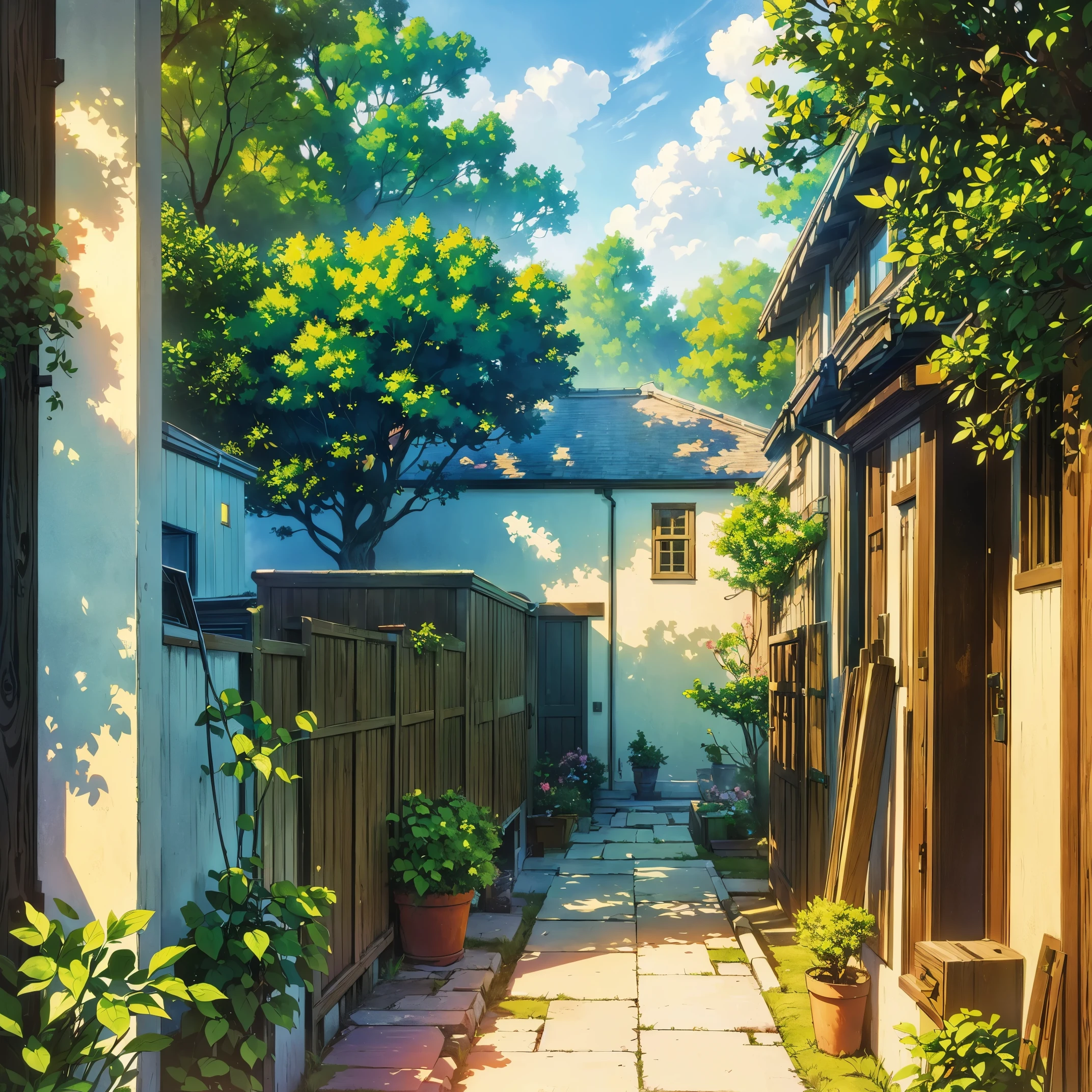 (a beautiful detailed door),(painting technique),(vibrant colors),(nostalgic atmosphere),(scenic view),(tree-lined pathway),(sunlight streaming through clouds),(soft lighting),(detailed textures),(intricate patterns),(quiet and serene),(peaceful ambiance)