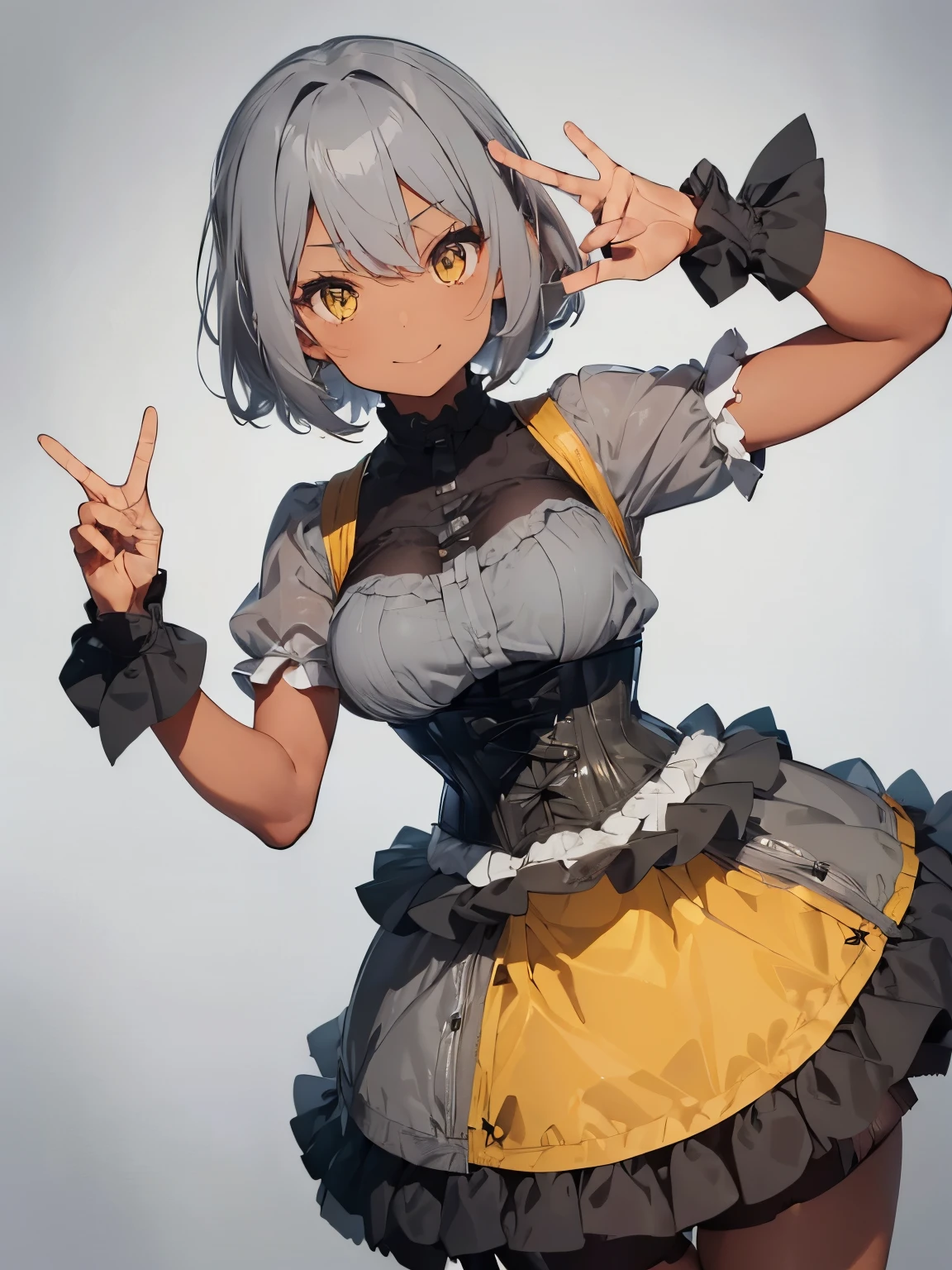 ((((tanned skin)))), ((((grey color hair))), short hair with tousled ends, messy bangs that show forehead. Large, beautiful yellow eyes. corset top, Tulle skirt. peace sign. Smile.