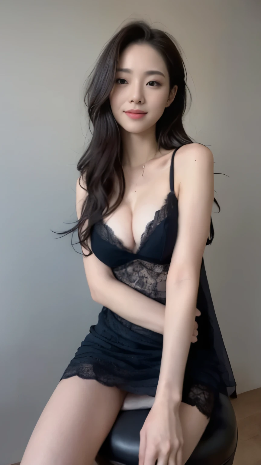 ((top-quality、8k、​masterpiece:1.3))、Beautiful woman with perfect body:1.4、slim abdomen:1.2、Longhair, normal breast, Highly detailed facial and skin texture, A detailed eye, (smile), (full body shot), ((studio)), (sitting on the chair), (((wearing black night dress)), looking in front, (((plain grey background:1.2)))