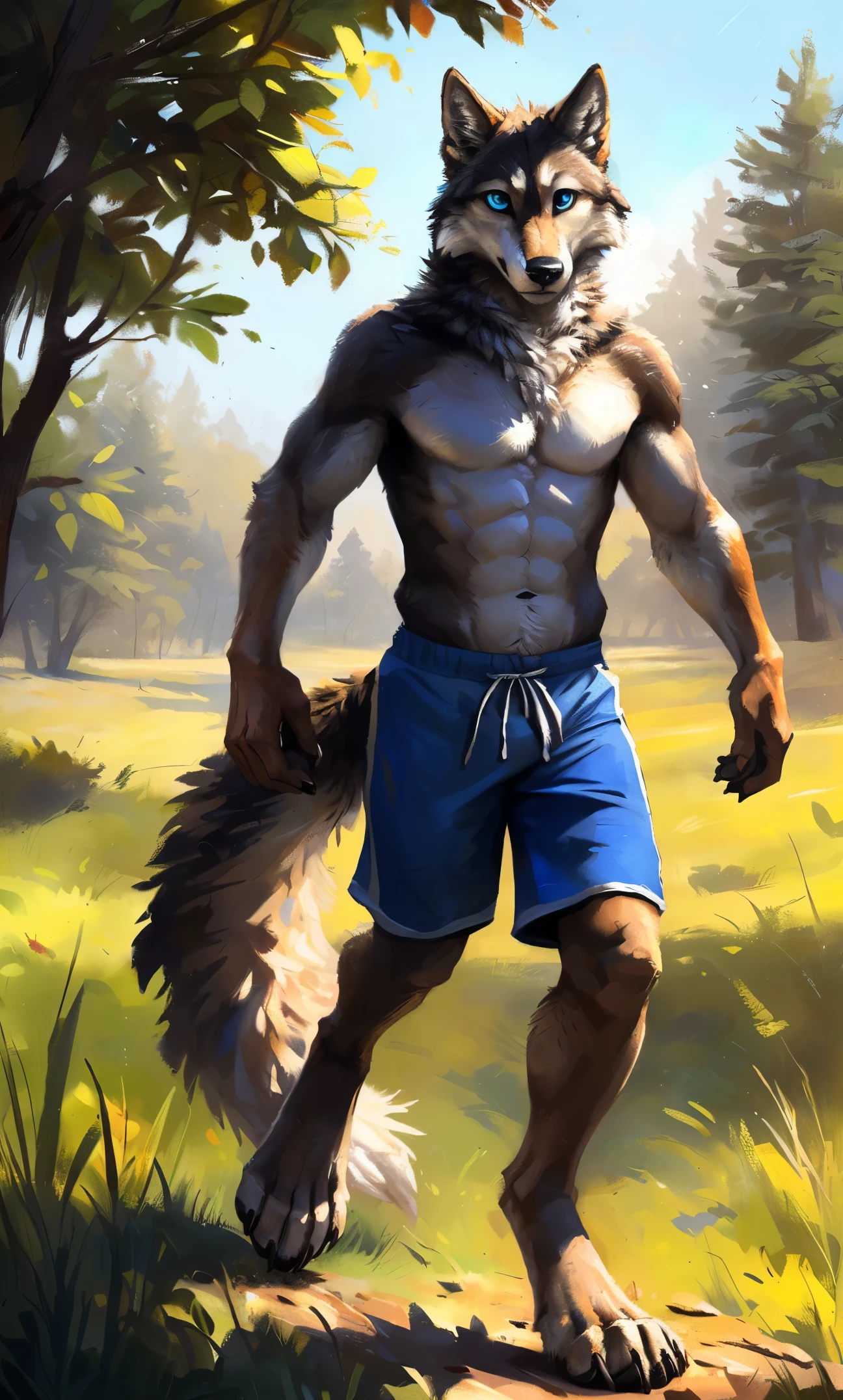 ((Solo)), male people, anthro wolf, (Multi-colored fur, White-brown:1.3，White tail pointed), (Height 2.1m,Tail length 1.2m), ((Wolf face, Big eyes, White eyelids, Blue pupil, Slim:1.2) (Tough, Calm expression:1.2)), Abs, Slim, pinging)), (Correct anatomy), (Work shorts:1.1), The upper body  naked, (detailed outfits),A long big tail，Feet，(Realistic fur, Detailed fur texture, labeled:1.3)), (Natural lighting), Photorealistic, Hyperrealistic, ultradetailed, by Kenket，Field，erect through，Running on