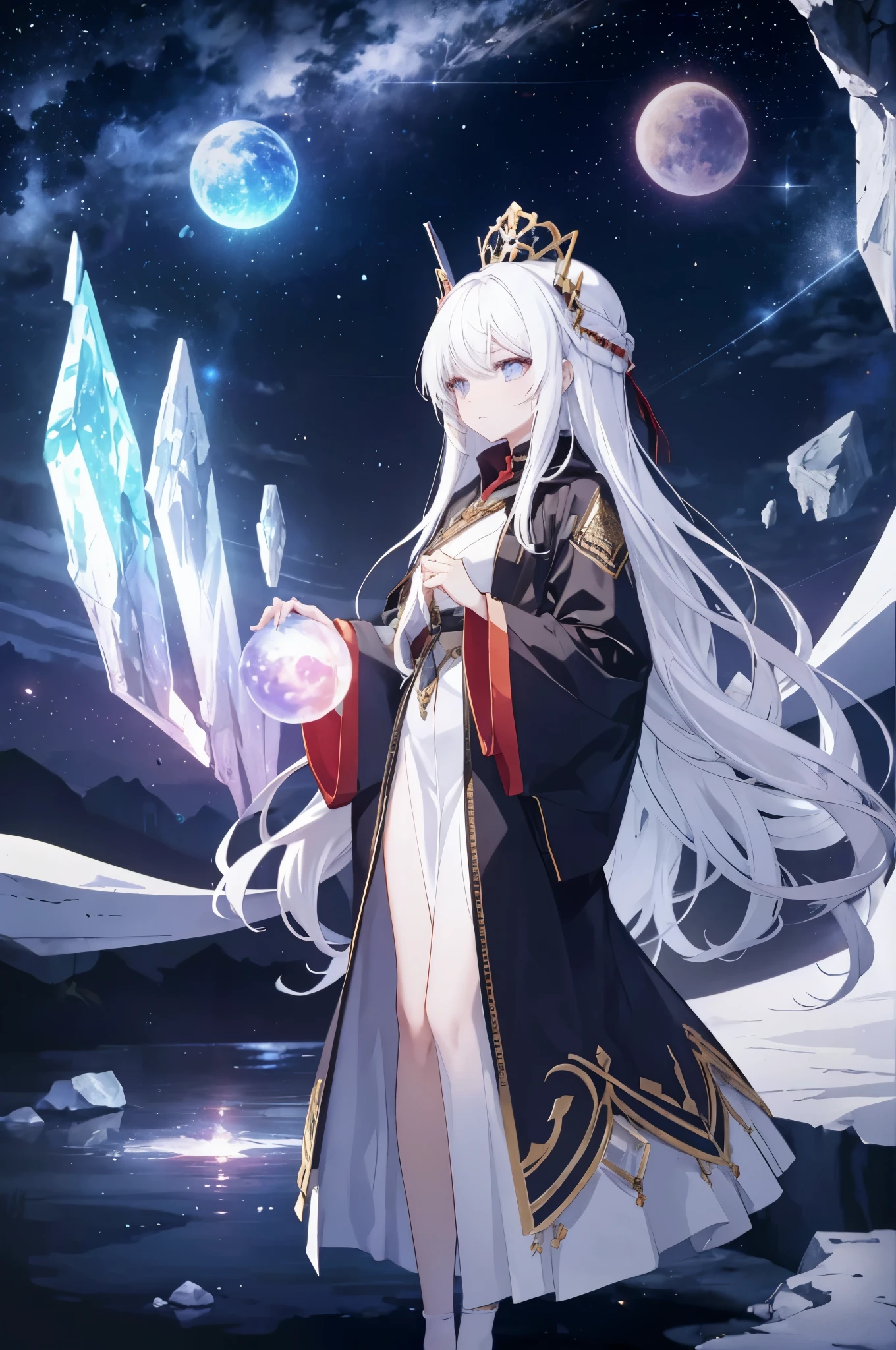 female face，white hair，Long white hair，female hands，The human hand，Normal fingers