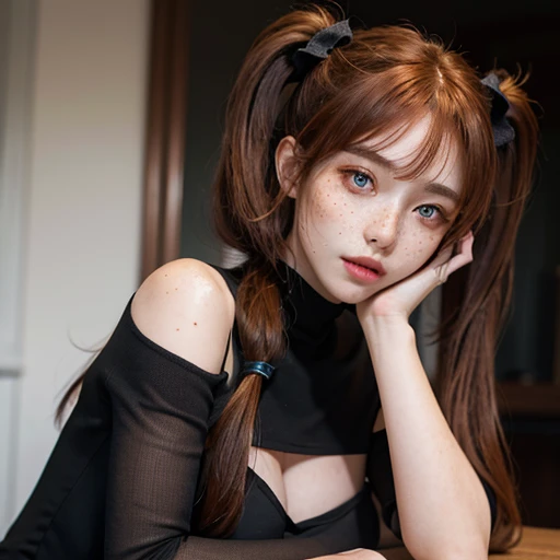 A highly detailed professional ultra-realistic 8k CG masterpiece of an elegant woman. She has asymetrical bangs, shining skin. She wears perfect makeup, red eyliner and black eye shadows. She has ((straight long ginger hair in loose twintails)) and cyan eyes. She wears a black turtle neck mini dress, cleavage and showing shoulders.  She has thigh highs and high heels. Her pretty face has a lot of ((freckles)).