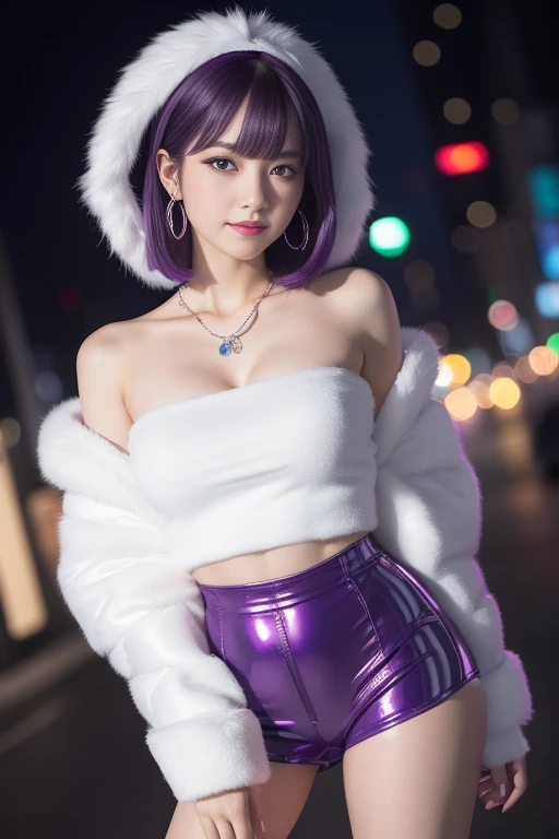 nsfw、female idol、lipgloss、smiling face、full body Esbian、((naked small breasts))、shiny very large earrings（neon purple)、shiny very large necklace（neon purple)、shiny glossy latex tight hot pants（neon purple)、clutch（neon purple)、((short hair（neon purple)))、(long white fluffy fur coat with white fluffy fur（bright white))、conceptual art, High quality, Realistic, extremely detailed CG unified 8k wallpaper, highly detailed, High-definition raw color photos, professional photography, Realistic portrait, Cinematic Light, Beautiful detailed, Super Detail, high details, (((Bokeh))), depth of fields, illumination, Neon Street, Super stylish lighting