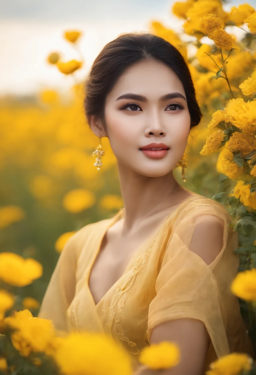 Burmese thanakar is applied on the cheeks, hair is curled, Burmese cotton fabric is white, and the proportions of the body are firm and beautiful .Very beautiful and charming .8k resolution.The yellow flower field in the background is beautiful.