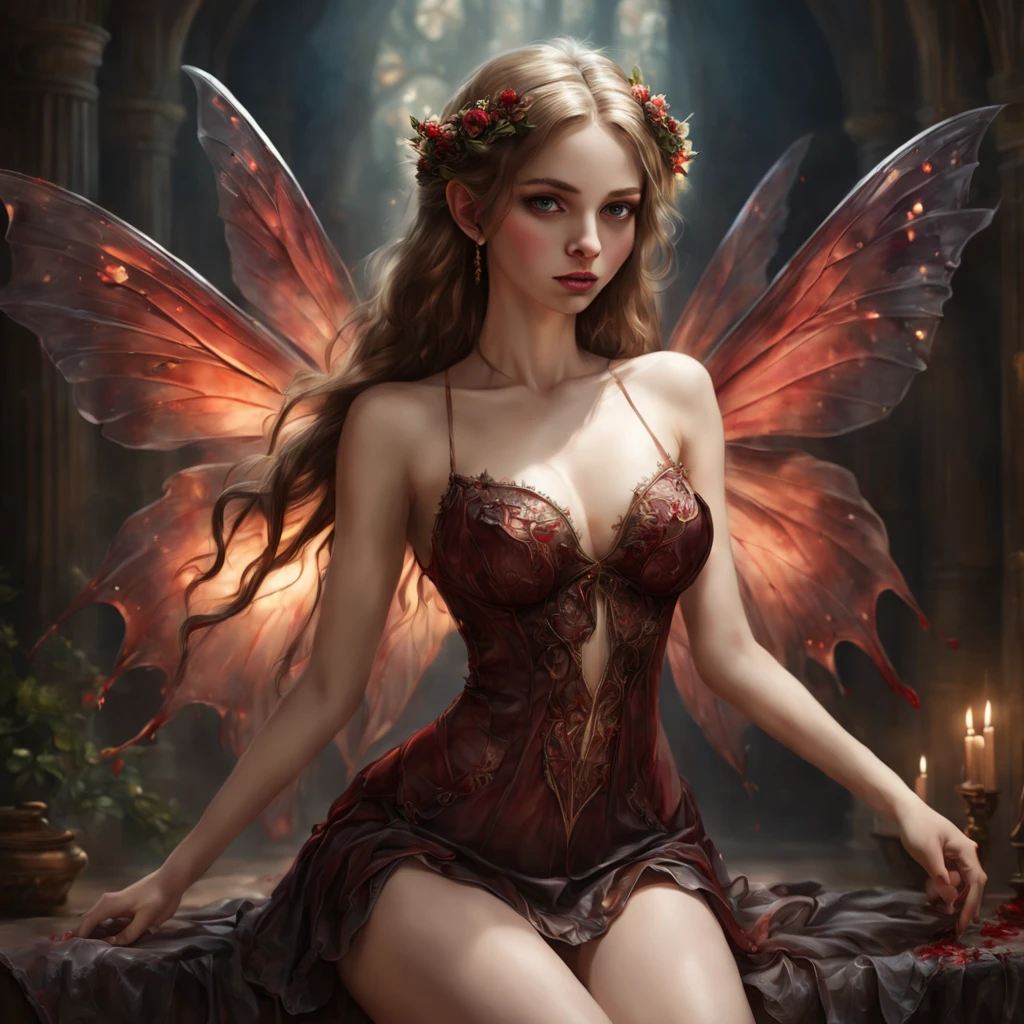 (full body shot:1.6), (Masterpiece, photorealistic, photorealism, best quality, ultra-detailed:1.3), (nice hands, perfect hands), official art, cinematic light, (1girl:1.3), adult, (((Dark blood))), very attractive (((fairy temptress))), erotik clothes, lingerie, very short dress, cute face, soft lighting, resolution art by Viktor Vasnetsov, intricately detailed, soft lighting, hyperdetailed, deep color, volumetric lighting