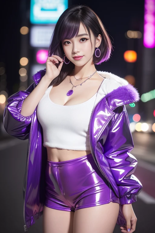 female idol、lipgloss、smiling face、full body Esbian、shiny very large earrings(neon purple)、shiny very large necklace(neon purple)、shiny glossy latex tight hot pants(neon purple)、clutch(neon purple)、((short hair(neon purple)))、long white fluffy fur coat with white fluffy fur(bright white)、conceptual art, High quality, Realistic, extremely detailed CG unified 8k wallpaper, highly detailed, High-definition raw color photos, professional photography, Realistic portrait, Cinematic Light, Beautiful detailed, Super Detail, high details, (((Bokeh))), depth of fields, illumination, Neon Street, Super stylish lighting