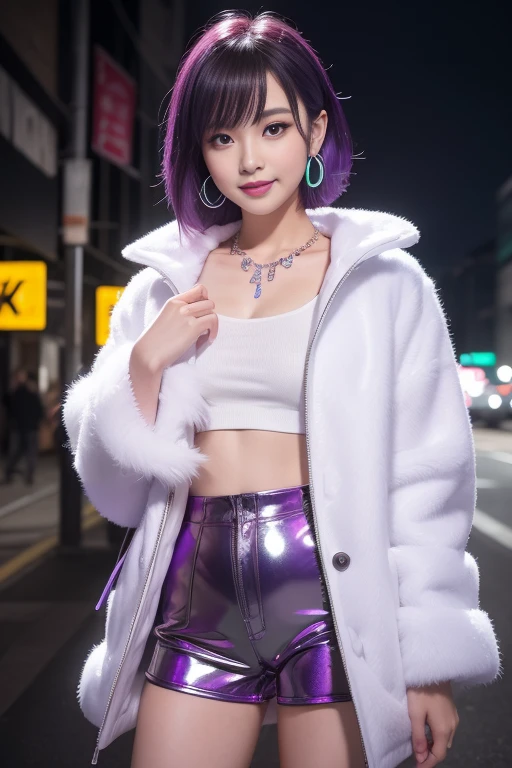 female idol、lipgloss、smiling face、full body Esbian、shiny very large earrings（neon purple)、shiny very large necklace（neon purple)、shiny glossy latex tight hot pants（neon purple)、clutch（neon purple)、((short hair（neon purple)))、long white fluffy fur coat with white fluffy fur（bright white)、conceptual art, High quality, Realistic, extremely detailed CG unified 8k wallpaper, highly detailed, High-definition raw color photos, professional photography, Realistic portrait, Cinematic Light, Beautiful detailed, Super Detail, high details, (((Bokeh))), depth of fields, illumination, Neon Street, Super stylish lighting 