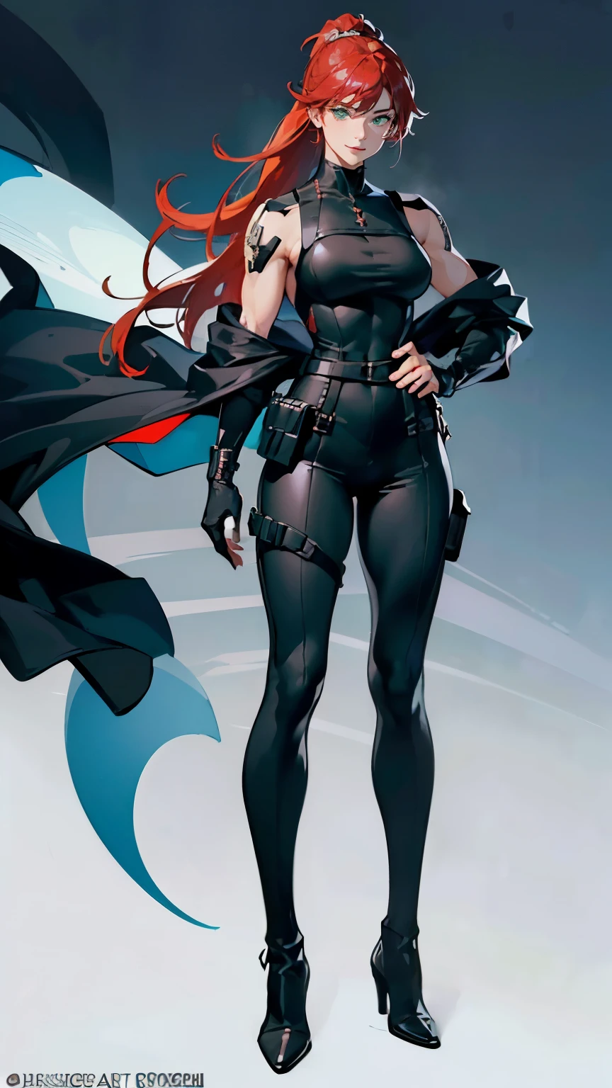 ((masterpiece,best quality,8k,highres)),((character concept art)), 1 female, young adult female, secret spy agent, 175 cm height, long hair, ponytail, curtain hair bangs, (apple red hair colour), ultra finely detailed eyes (green eyes colour), extraordinary gorgeous, charming, smirk smile, warm smile, gentle smile, perfect body build ((muscular)), ((intricate detail)), super finely detailed hands, ultra finely detailed fingers(((ten fingers))), sleeveless secret spy agent outfit (black outfit colour), pouches on waist, tool belt, black boots, (standing still), (full body showcase), (show full body), (no logos on background), (no logo), ((plain background)), ((plain background)), (((empty background)))