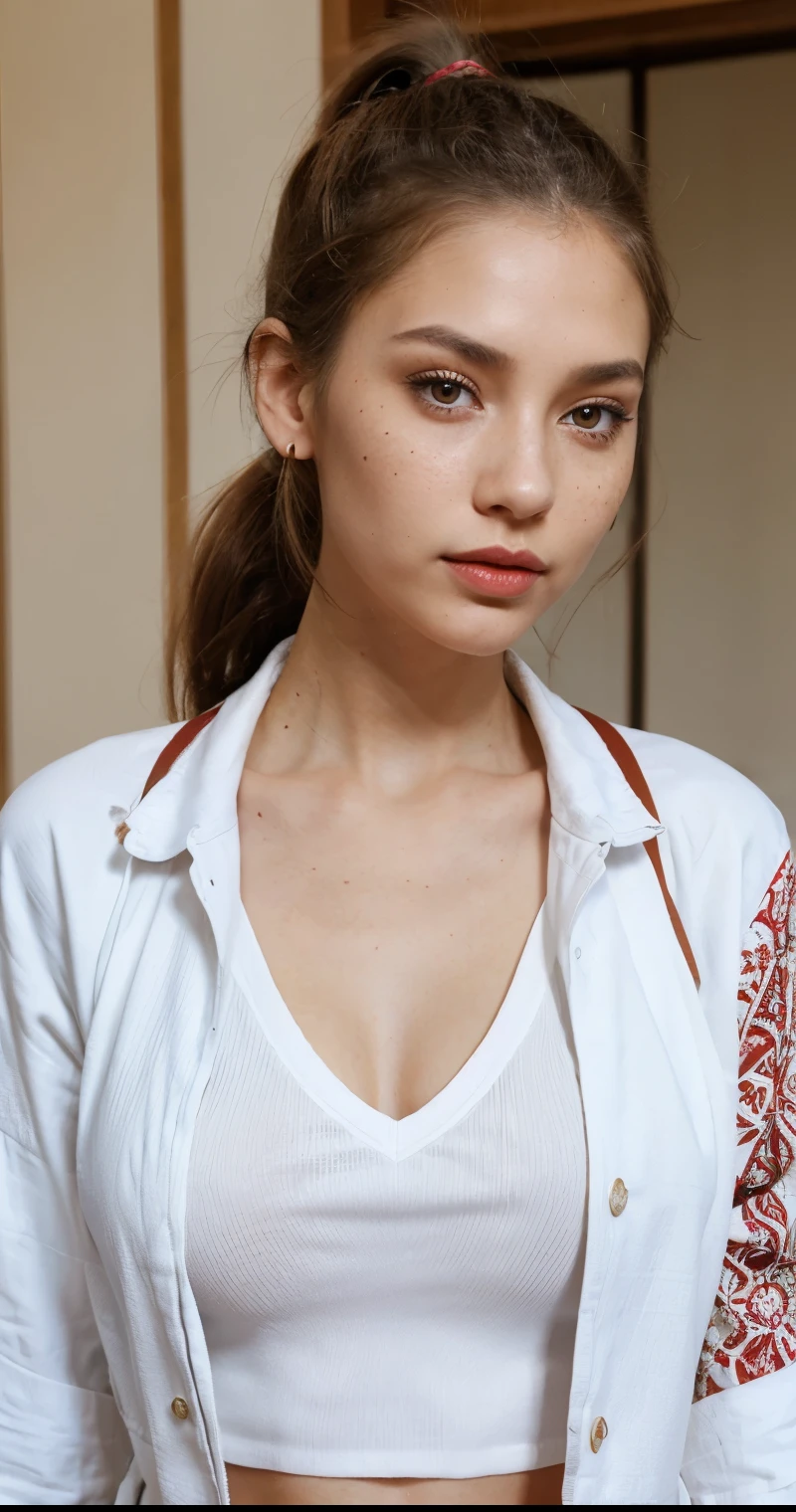 Beautiful skinny girl, elongated face and thin chin, freckles, brown ponytail hair, brown eyes, red lipstick, beautiful makeup, white skin, with patterned top , shorts, a beautiful jean coat , sexy style