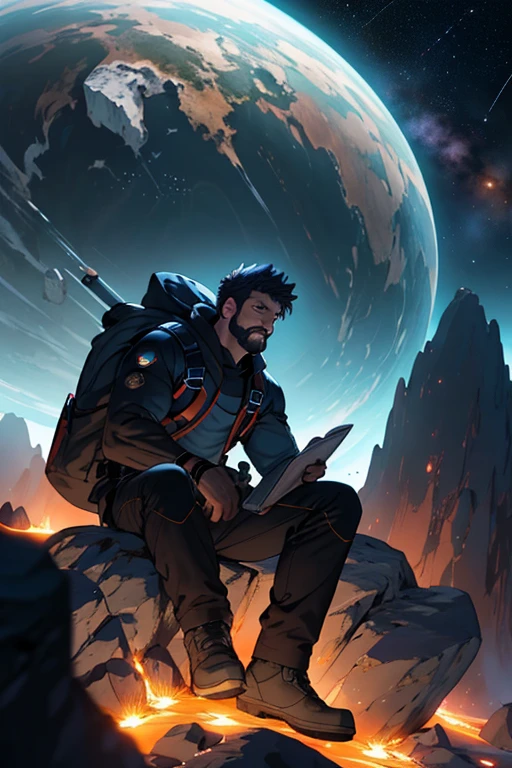 Roushan sitting on a research platform floating in the middle of an asteroid belt. He is studying with a notebook, surrounded by several asteroids glowing with fiery auras. Dramatic lighting from distant stars and planets illuminates the scene, casting deep shadows on the suit. The young man looks confident and determined, looking at the vast and mysterious universe with wonder and respect,facial hair, cowboy shot,