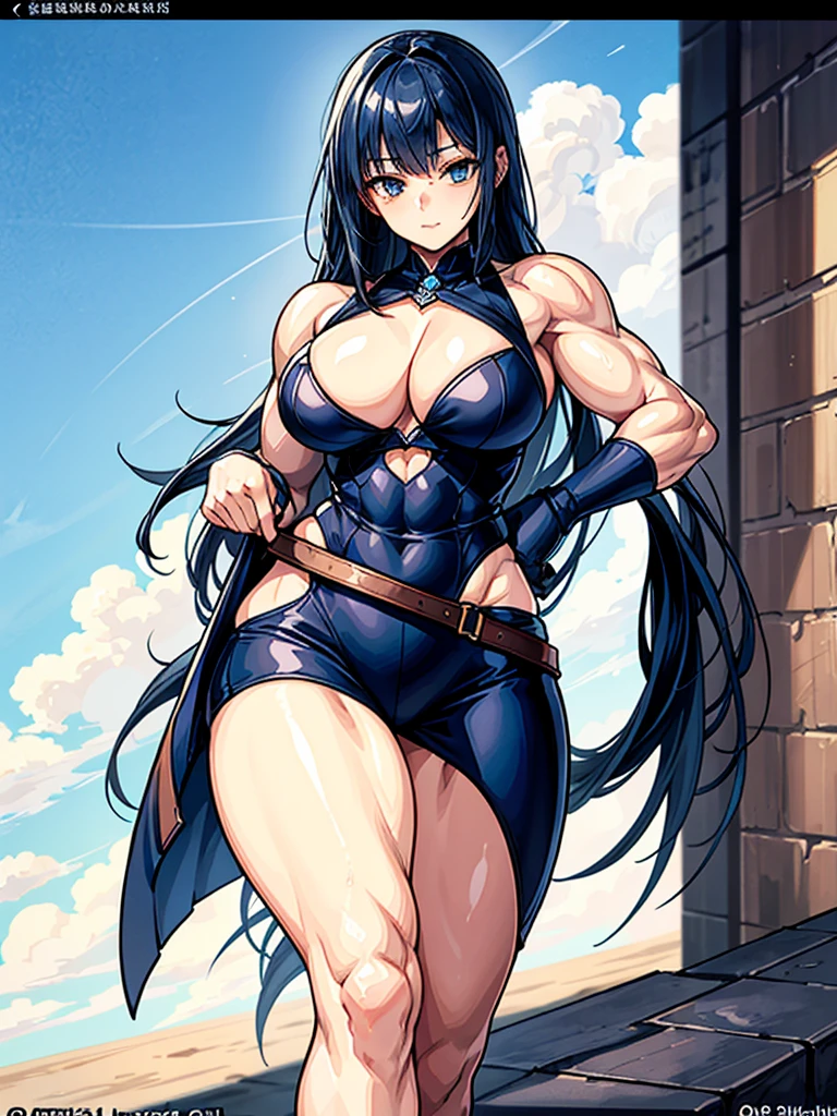 （（（masterpiece、Highest image quality、highest quality、highly detailed unity 8ｋwallpaper）））、（（Illustration of one girl））、（（（beautiful girl）））、blue hair、stocky build, thickset physique：1.3, muscular legs, broad shoulders, solid chest、（adventurer）、white armor、Medieval city