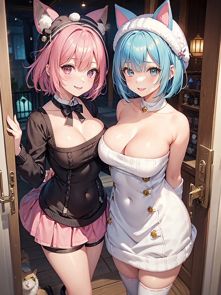 2girls,re zero,rem( Blue hair, Short bob hair, large breasts),ram(pink hair, Short hair), navel,(( virgin_killer_sweater)), ((cowboy shot)),
masterpiece, best quality, ultra-detailed, 
(Familiar faces) Soul card, cat girl wearing a white cat hat, progenitor, symbolic, enchanting, bright, graceful, energetic, small body, apron dress, hair bell, short Hair, animal ears, cat boots, glitter, peeking at me from the shop door (cat ear hat: 1.5), smile, epic, celestia, fantasy world, cute world.
