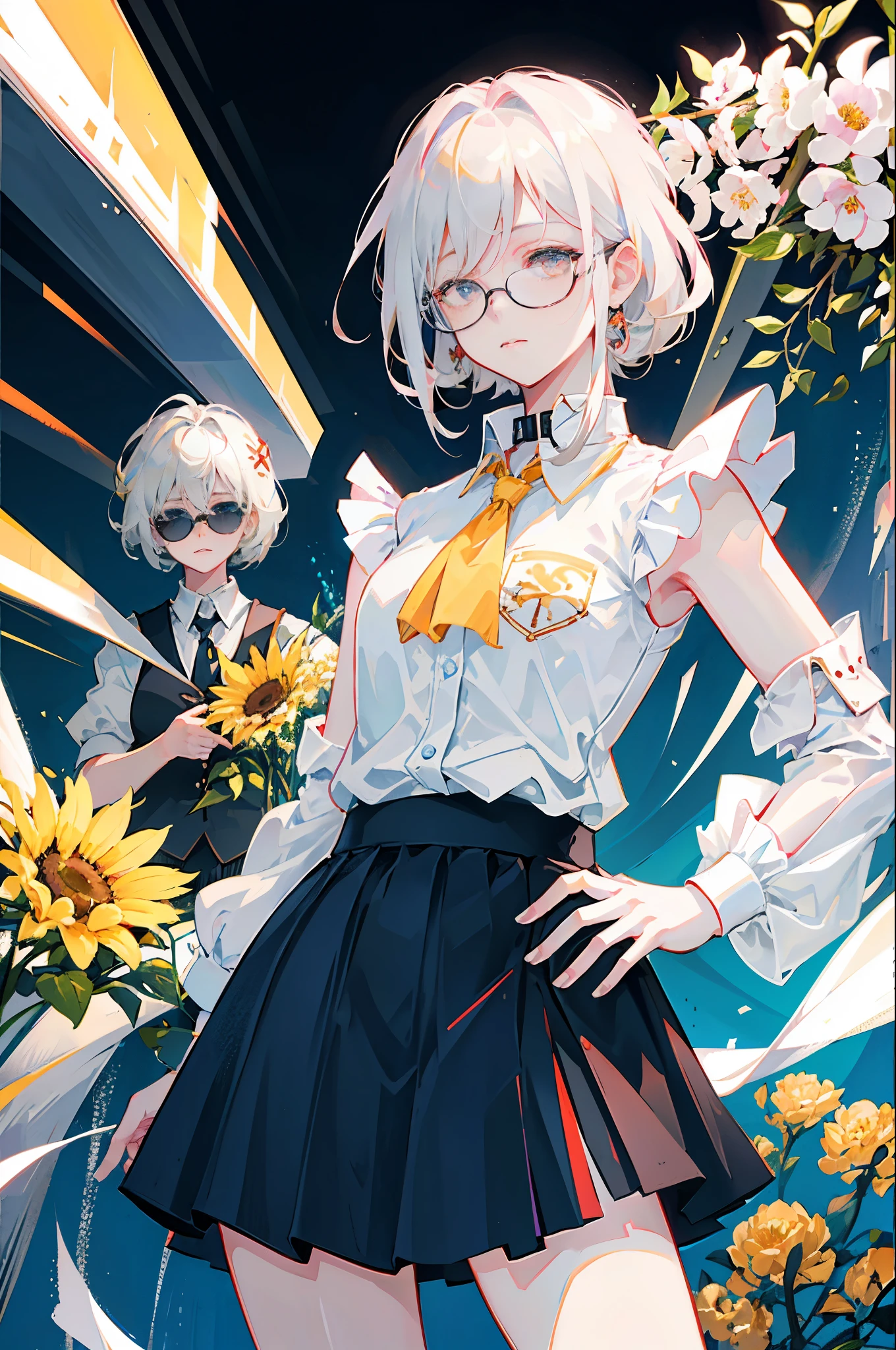 highest quality, ultra high resolution, (realistic:1.4), 1 female, sleeveless white button shirt, black skirt, black choker, ((Glasses)), (K-POP idol), (charming monkey:1), (Platinum Blonde Hair Gray Hair:1), ((puffy eyes)), view viewer, whole body, flowers