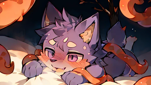 hairy,not,alone,hairy的男性,hairy的,Wolf,canine,Purple fur,purple eyes,Completely ,stick out your tongue,Shy,There is a blush on the face,The top of the head is purple,Purple ears,The eyes are full of longing,Slobber,dark purple tail,lying on bed,Enchanting,whole body,4K,high quality,erects,wholy颤抖着,belly up!!!!,Orange octopus tentacles surrounding it