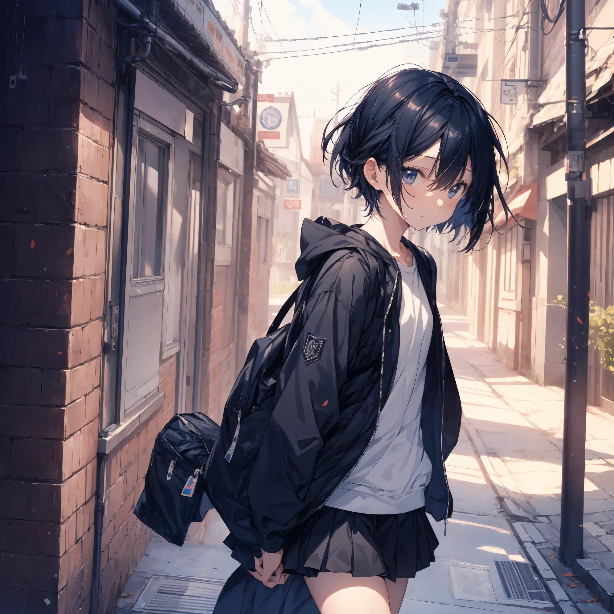 super highest quality, super detailed, High resolution, anime moe art style, best anime 8K konachan wallpaper, pixiv contest winner, perfect anatomy, break,(眠そうにalone学校へ行く女の子を描いてください. ),break, surreal high school girl, (alone,change, child,13 years old:1.3),All limbs, full finger,Middle school students, androgynous charm, (very short hair), messy hair, flat chest, small ass, between legs, Small black eyes,beautiful and fine eyes, Well-proportioned iris and pupils, disgusted eyes, High resolutionの詳細な髪, school uniform, (skirt), On the way to school. break,super dense skin, Best lighting by famous artists, 8K, figure,