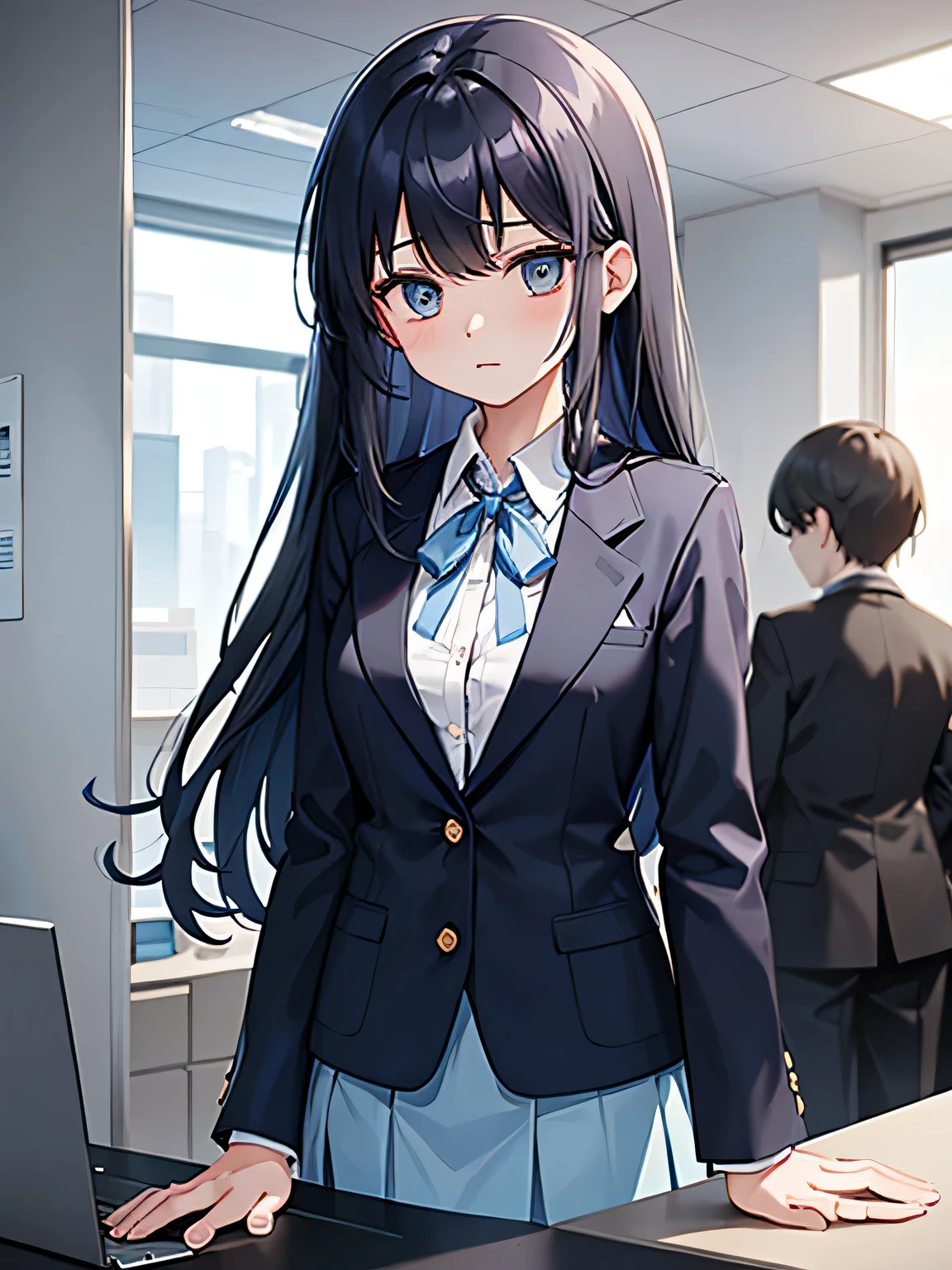 (1) A woman is waiting at the company's reception counter..
(2) The woman is wearing a light blue blazer and a light blue skirt. she wears a ribbon around her neck. (Blazer buttons must be closed.)
(3) she has long black hair.
(4) her expression is cold and cold.
(5) The location is the company's reception counter..