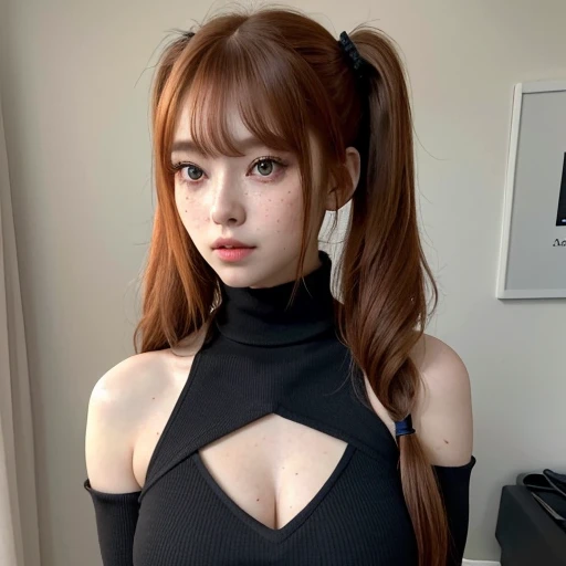 A highly detailed professional ultra-realistic 8k CG masterpiece of an elegant woman. She has asymetrical bangs, shining skin. She wears perfect makeup, red eyliner and black eye shadows. She has ((straight long ginger hair in loose twintails)) and cyan eyes. She wears a black turtle neck mini dress, cleavage and showing shoulders. She has thigh highs and high heels. Her pretty face has a lot of ((freckles)).