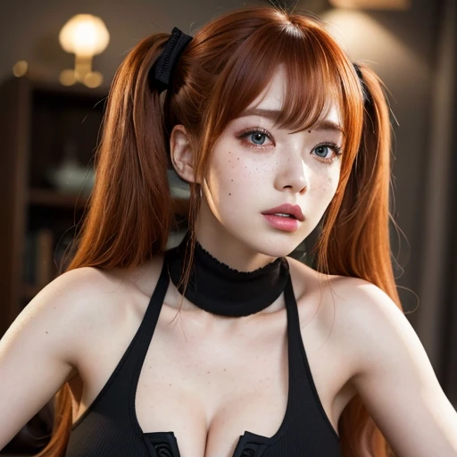 A highly detailed professional ultra-realistic 8k CG masterpiece of an elegant woman. She has asymetrical bangs, shining skin. She wears perfect makeup, red eyliner and black eye shadows. She has ((straight long ginger hair in loose twintails)) and cyan eyes. She wears a black turtle neck mini dress, cleavage and showing shoulders. She has thigh highs and high heels. Her pretty face has a lot of ((freckles)).