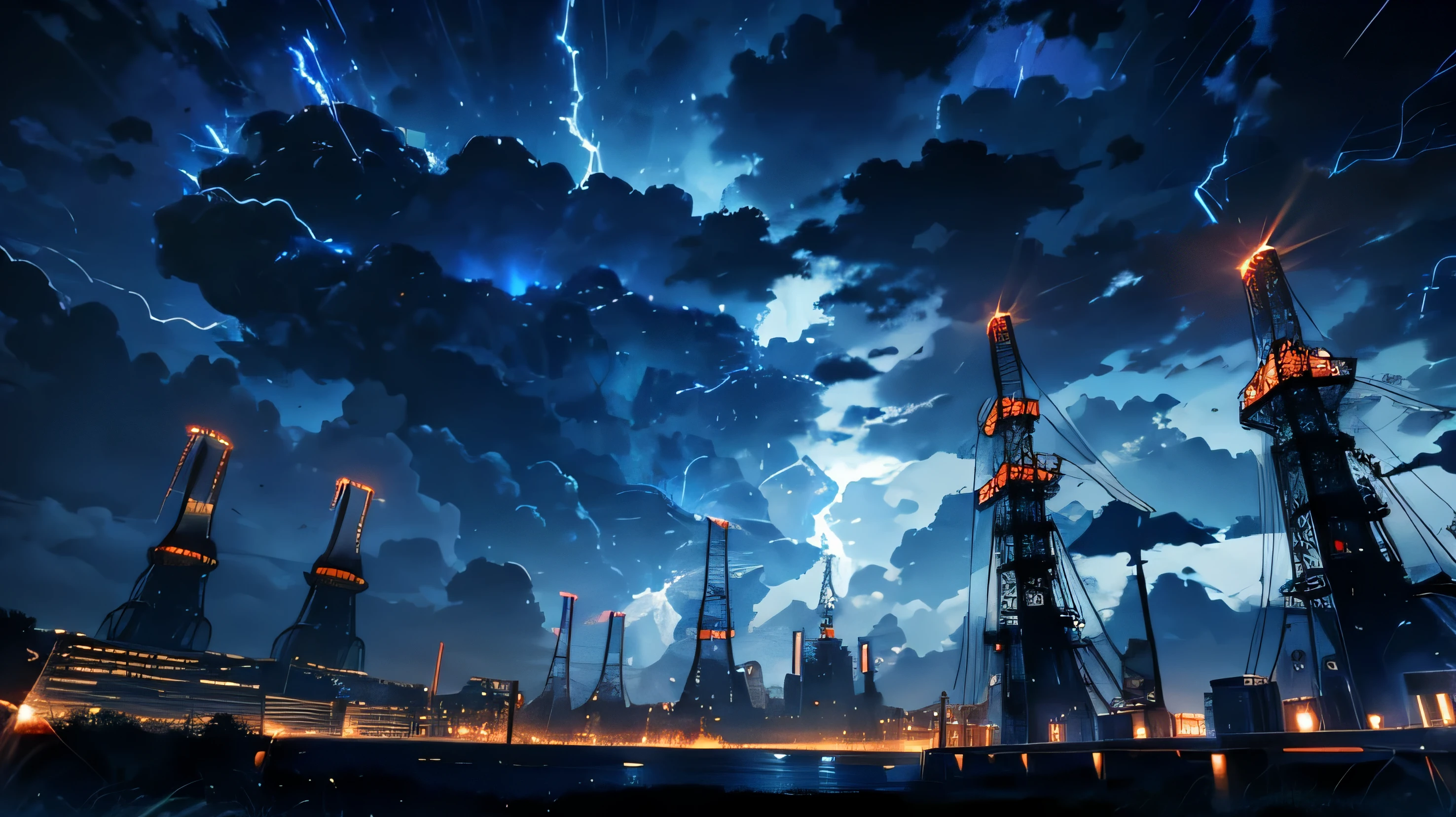 black blue night sky, big lightning in the middle, lightning everywhere, power towers