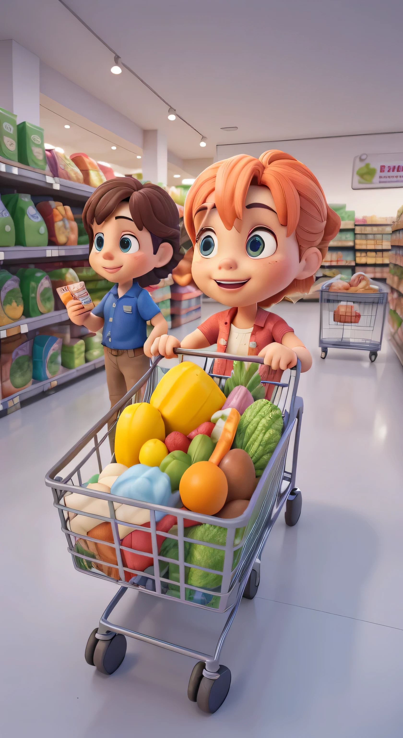 shopping groceries, getting groceries, People shop, Pushing the shopping cart, inside a supermarket, Supermarket shelves full, 3D, toy photos, Lovely 3D rendering, animation stills, shopping cart, cart, stood in a supermarket, animation stills, Promotional renderings, Convenience stores, 3D characters, ((better quality)), ((artwork)), (detailed), perfect face shape